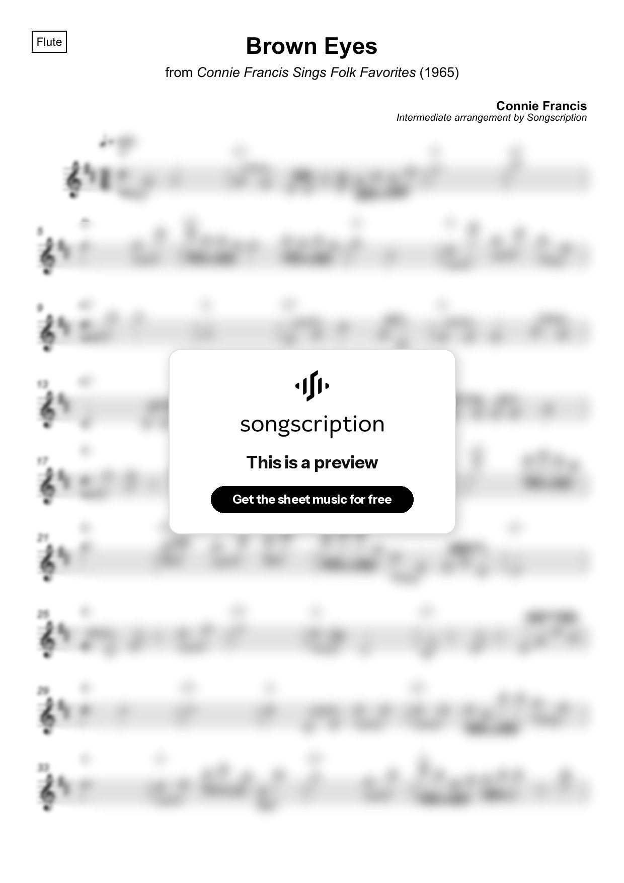 Intermediate Flute Sheet Music for "Brown Eyes" by Connie Francis