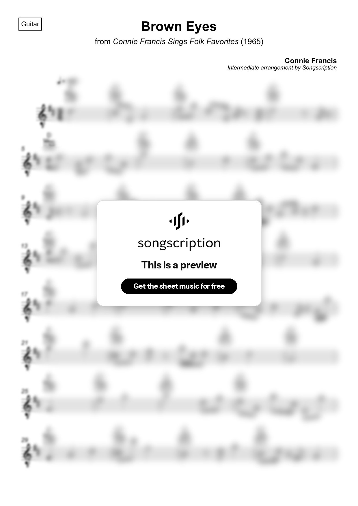 Intermediate Acoustic Guitar Sheet Music for "Brown Eyes" by Connie Francis