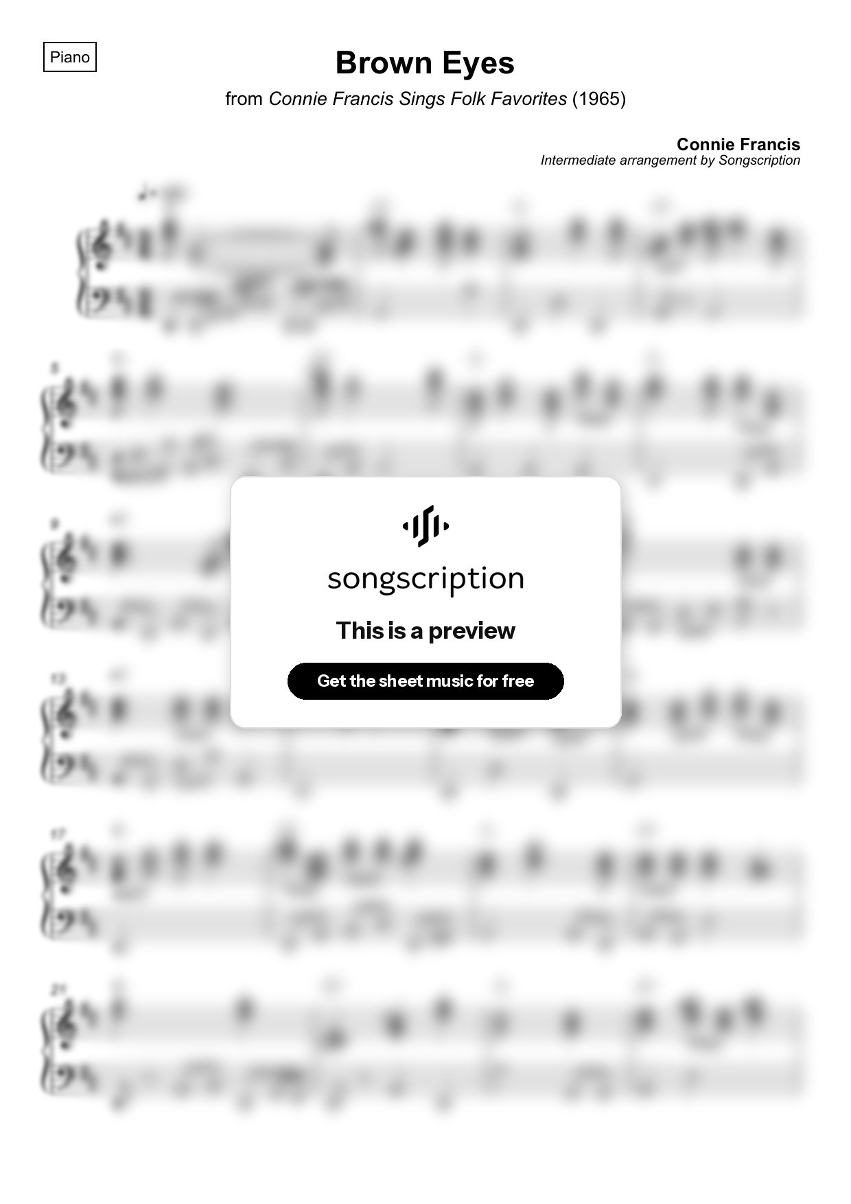 Intermediate Piano Sheet Music for "Brown Eyes" by Connie Francis