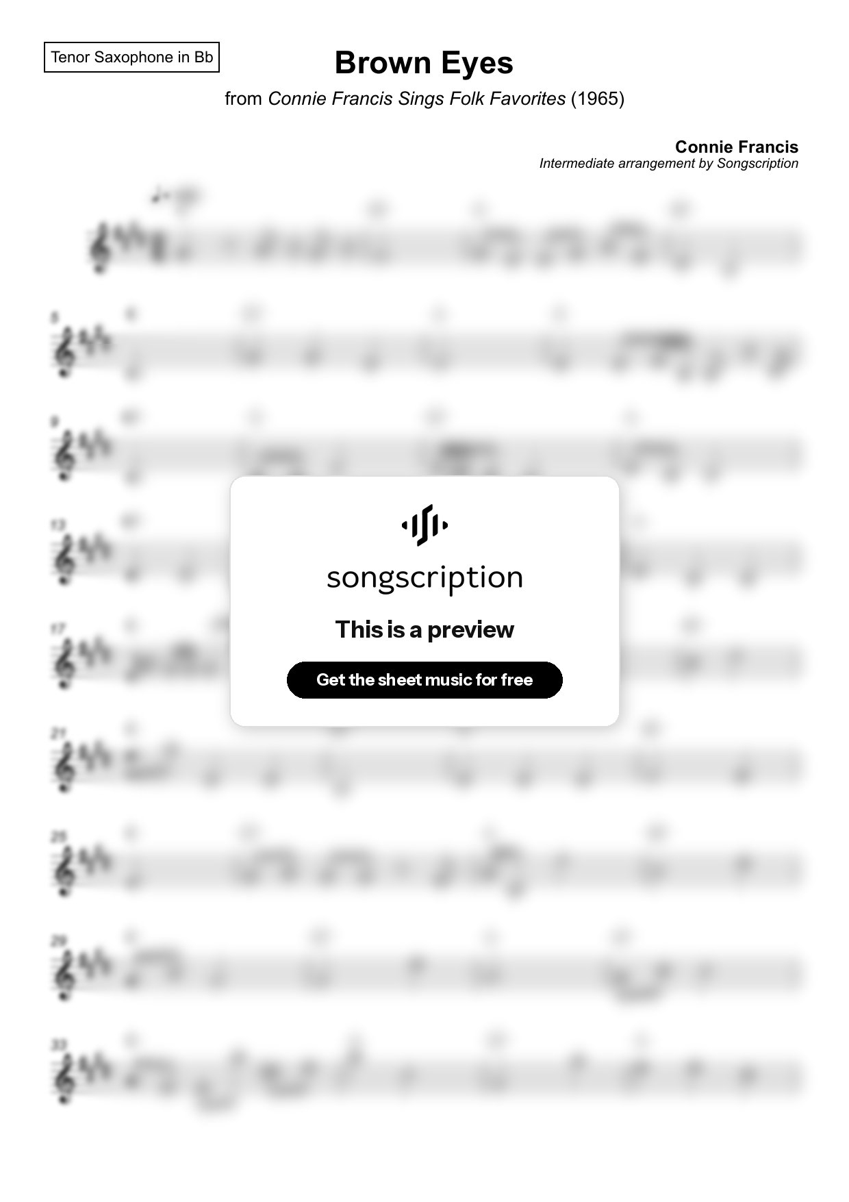 Intermediate Tenor Sax Sheet Music for "Brown Eyes" by Connie Francis