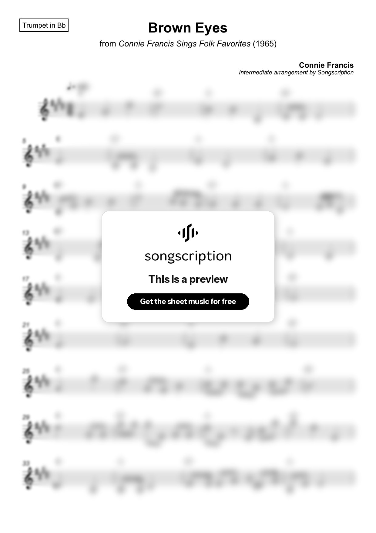 Intermediate Trumpet Sheet Music for "Brown Eyes" by Connie Francis