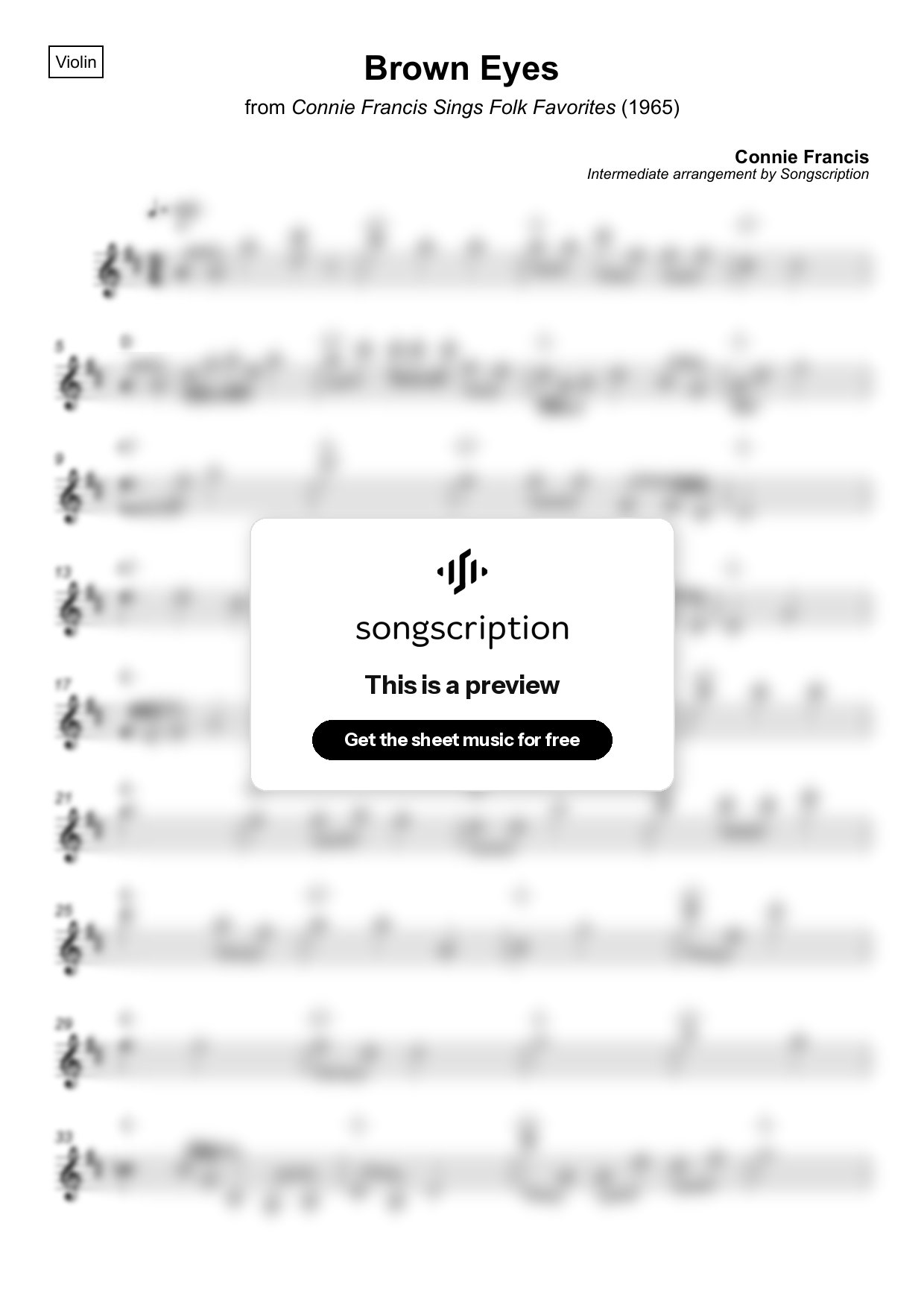 Intermediate Violin Sheet Music for "Brown Eyes" by Connie Francis