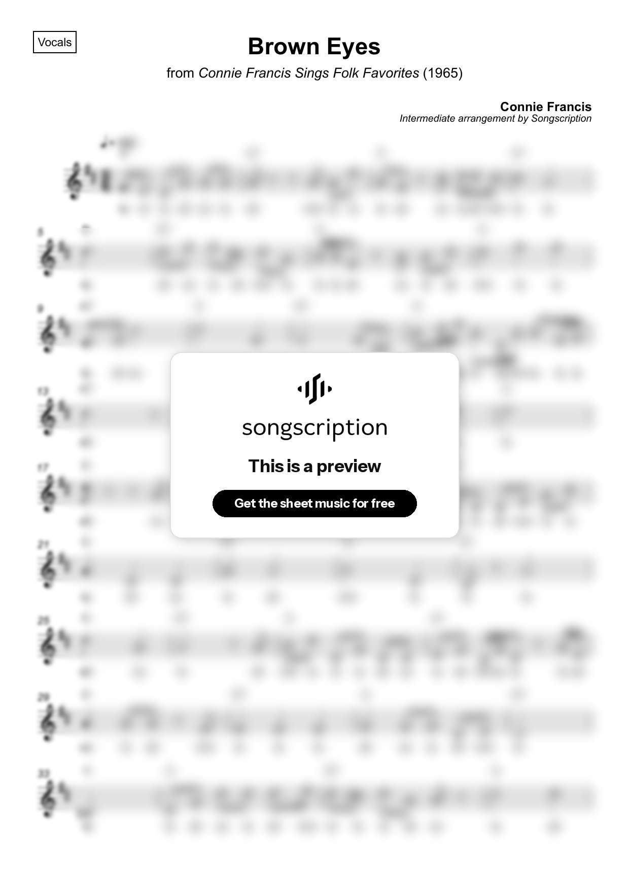 Intermediate Vocals Sheet Music for "Brown Eyes" by Connie Francis