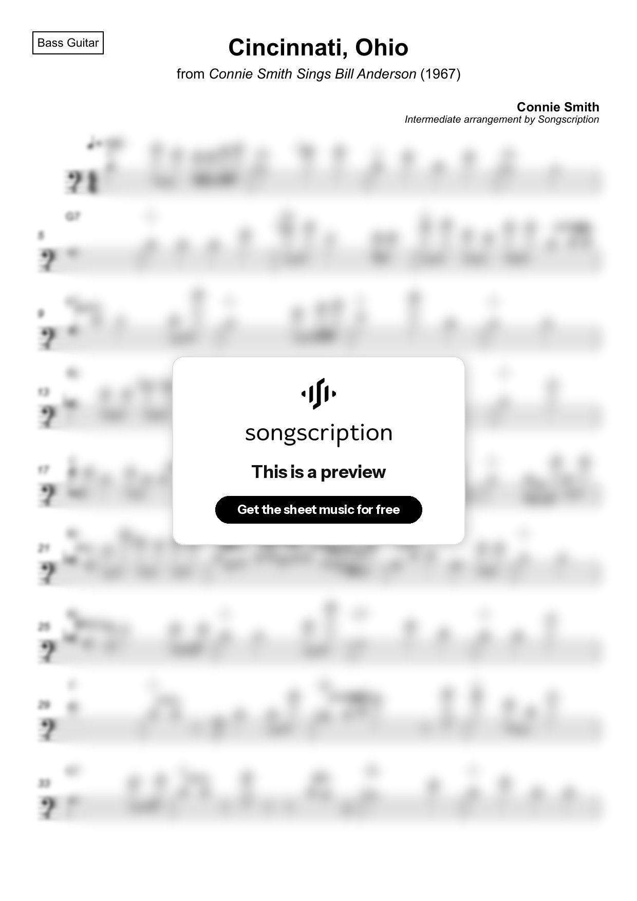 Intermediate Bass Guitar Sheet Music for "Cincinnati, Ohio" by Connie Smith