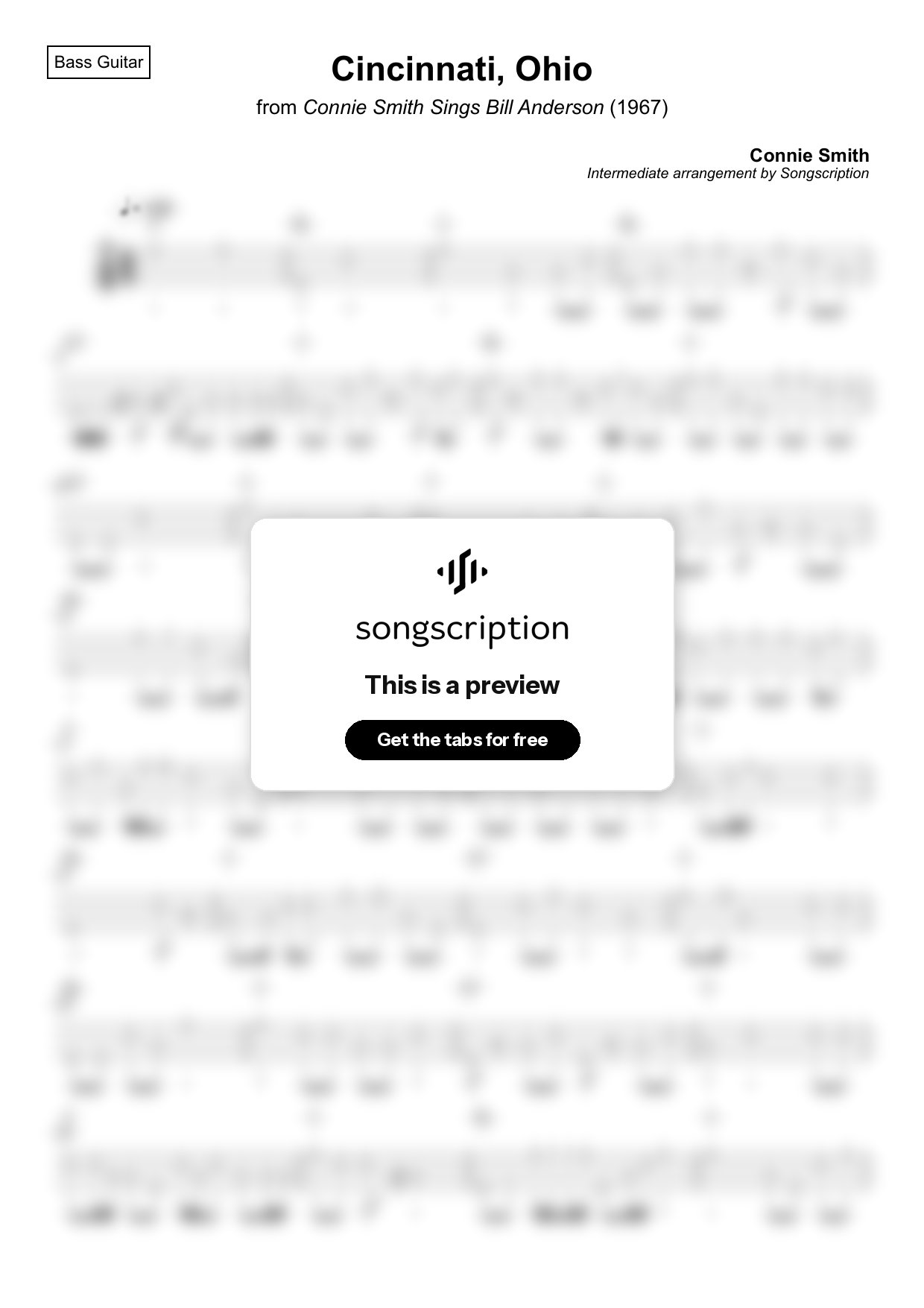 Intermediate Bass Guitar Tabs for "Cincinnati, Ohio" by Connie Smith