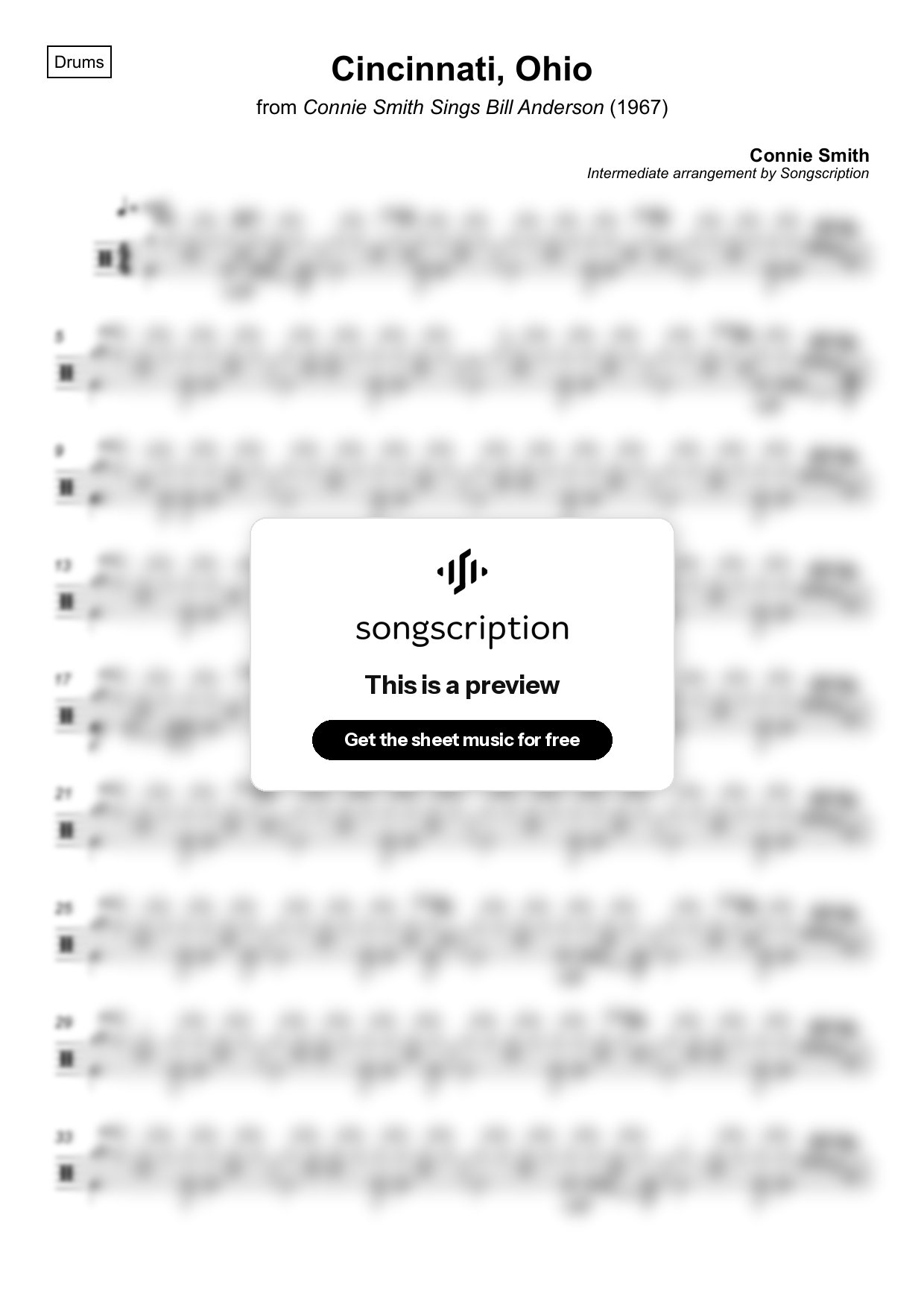Intermediate Drums Sheet Music for "Cincinnati, Ohio" by Connie Smith