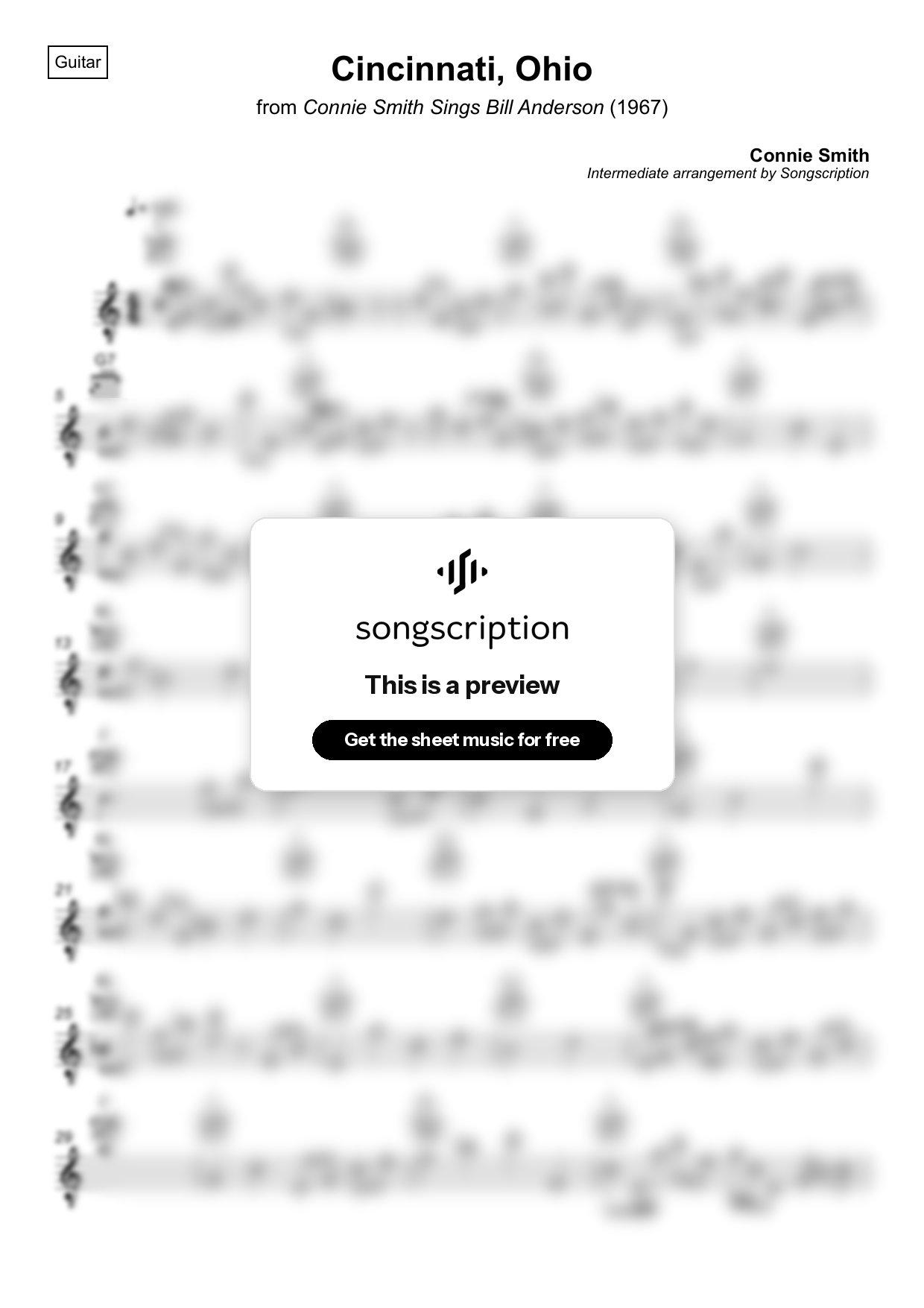Intermediate Acoustic Guitar Sheet Music for "Cincinnati, Ohio" by Connie Smith