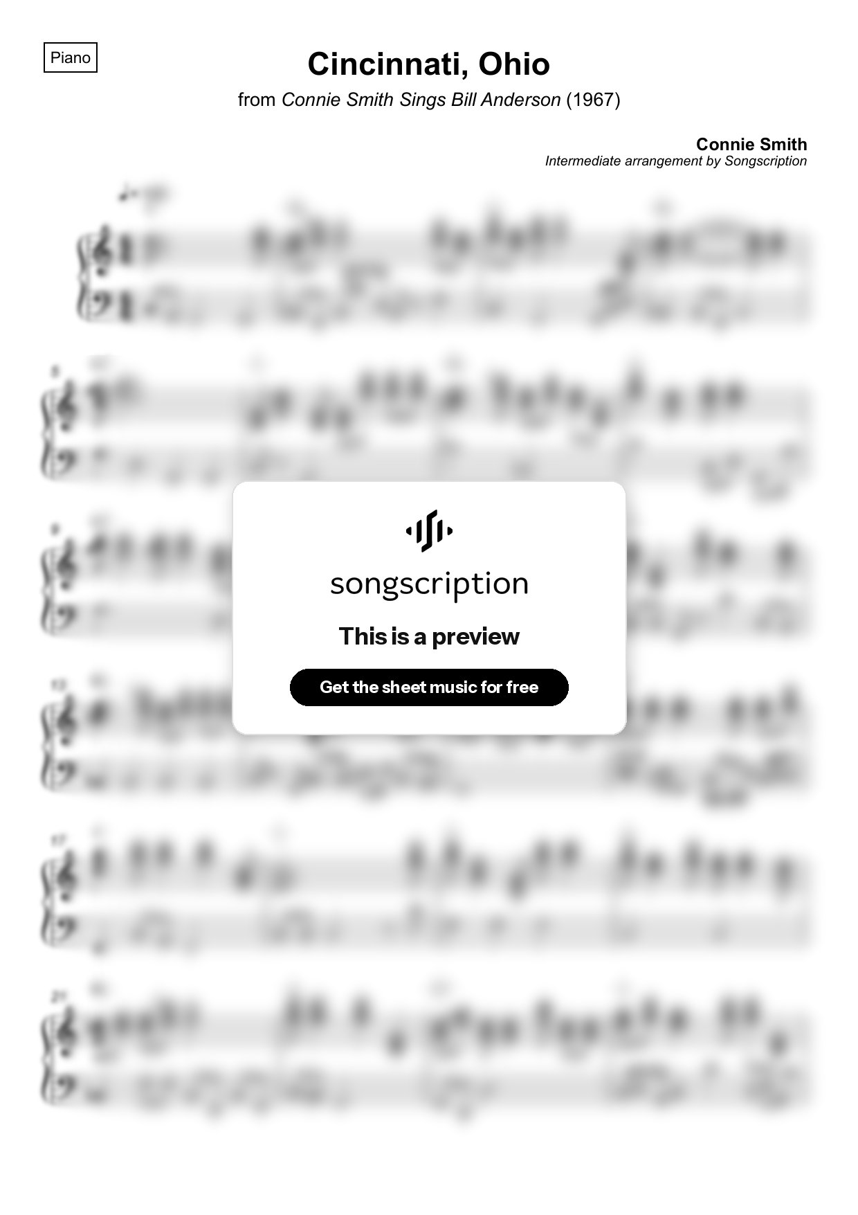 Intermediate Piano Sheet Music for "Cincinnati, Ohio" by Connie Smith