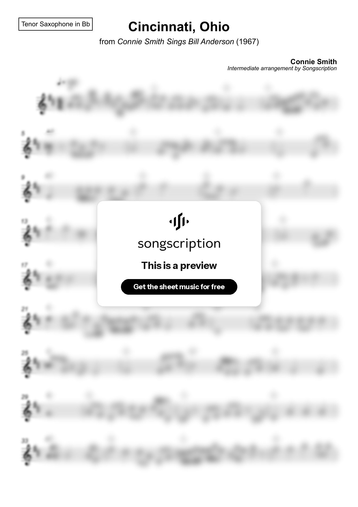 Intermediate Tenor Sax Sheet Music for "Cincinnati, Ohio" by Connie Smith