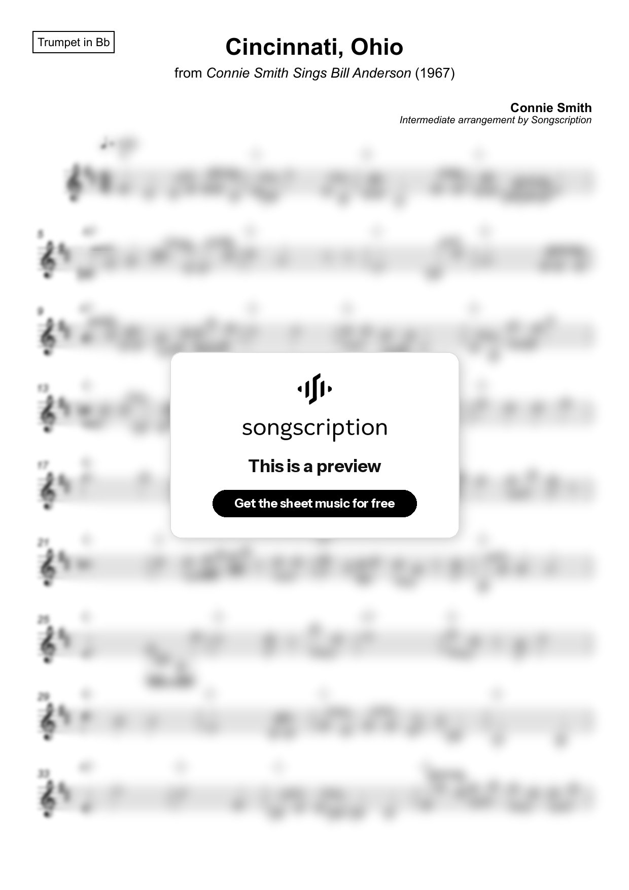Intermediate Trumpet Sheet Music for "Cincinnati, Ohio" by Connie Smith