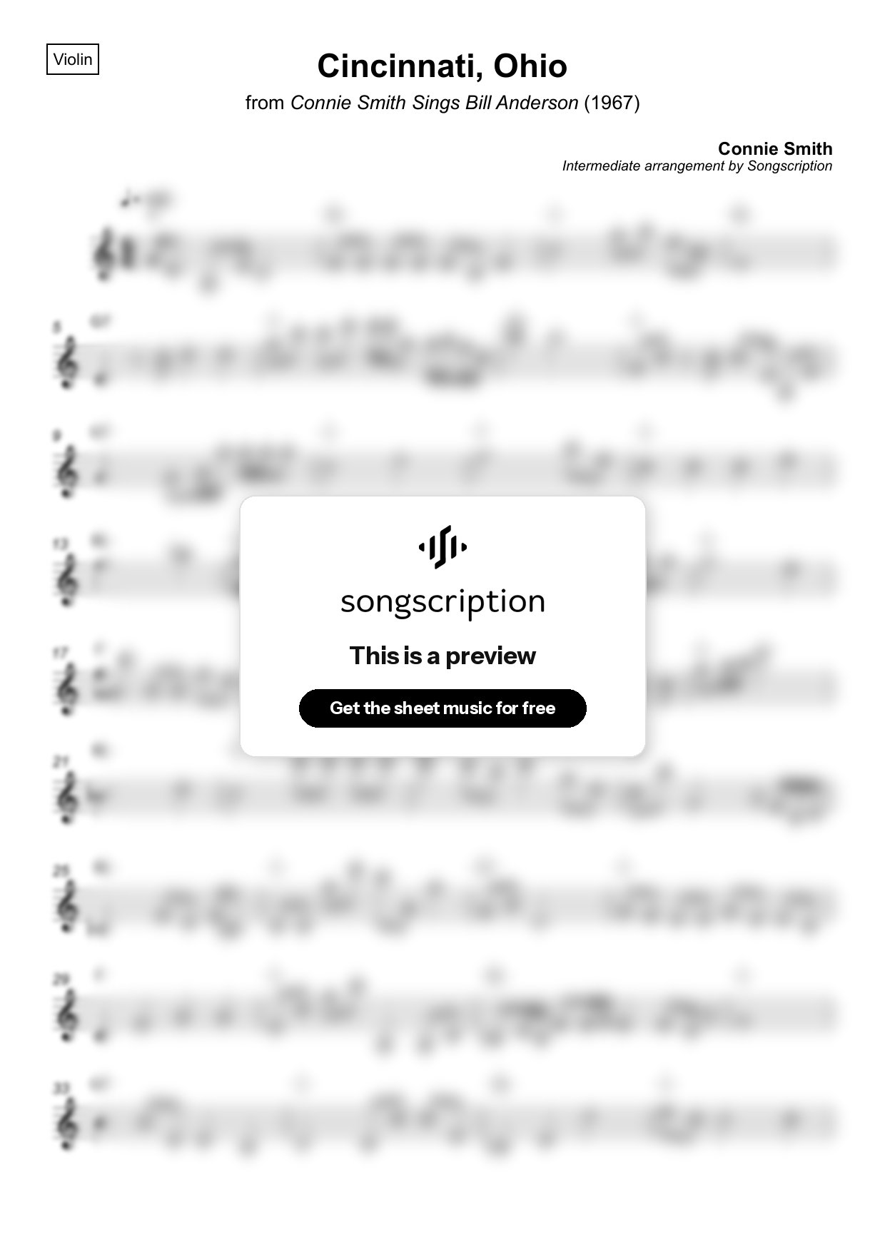 Intermediate Violin Sheet Music for "Cincinnati, Ohio" by Connie Smith