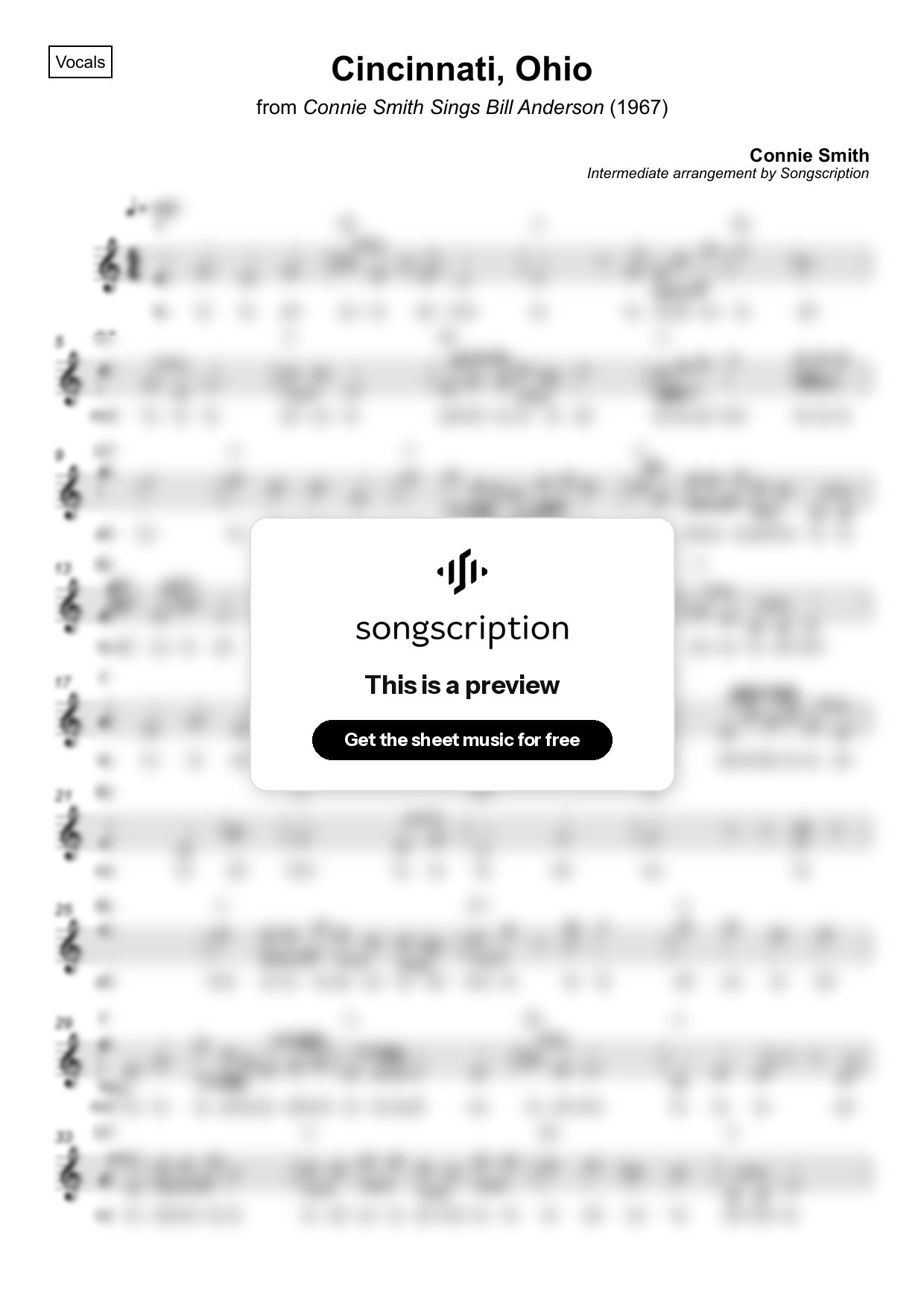 Intermediate Vocals Sheet Music for "Cincinnati, Ohio" by Connie Smith
