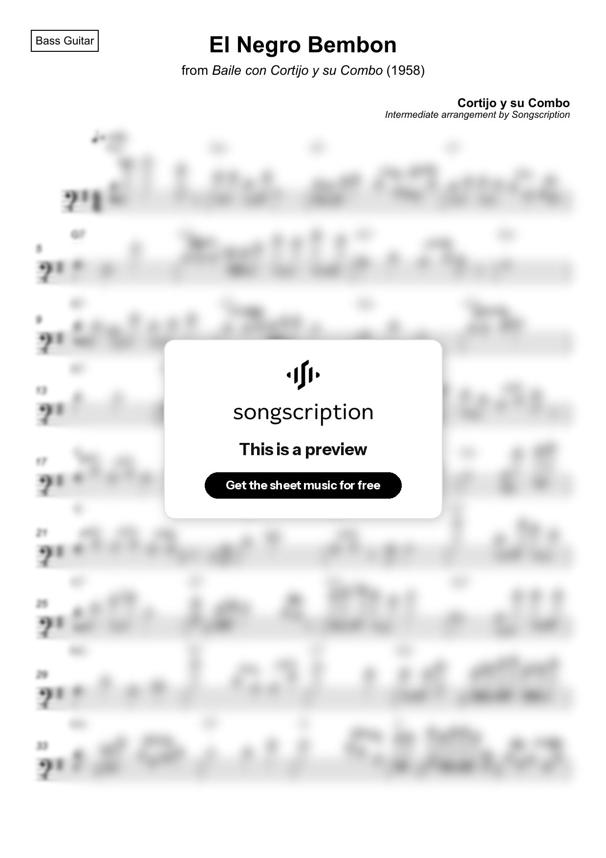 Intermediate Bass Guitar Sheet Music for "El Negro Bembon" by Cortijo y su Combo