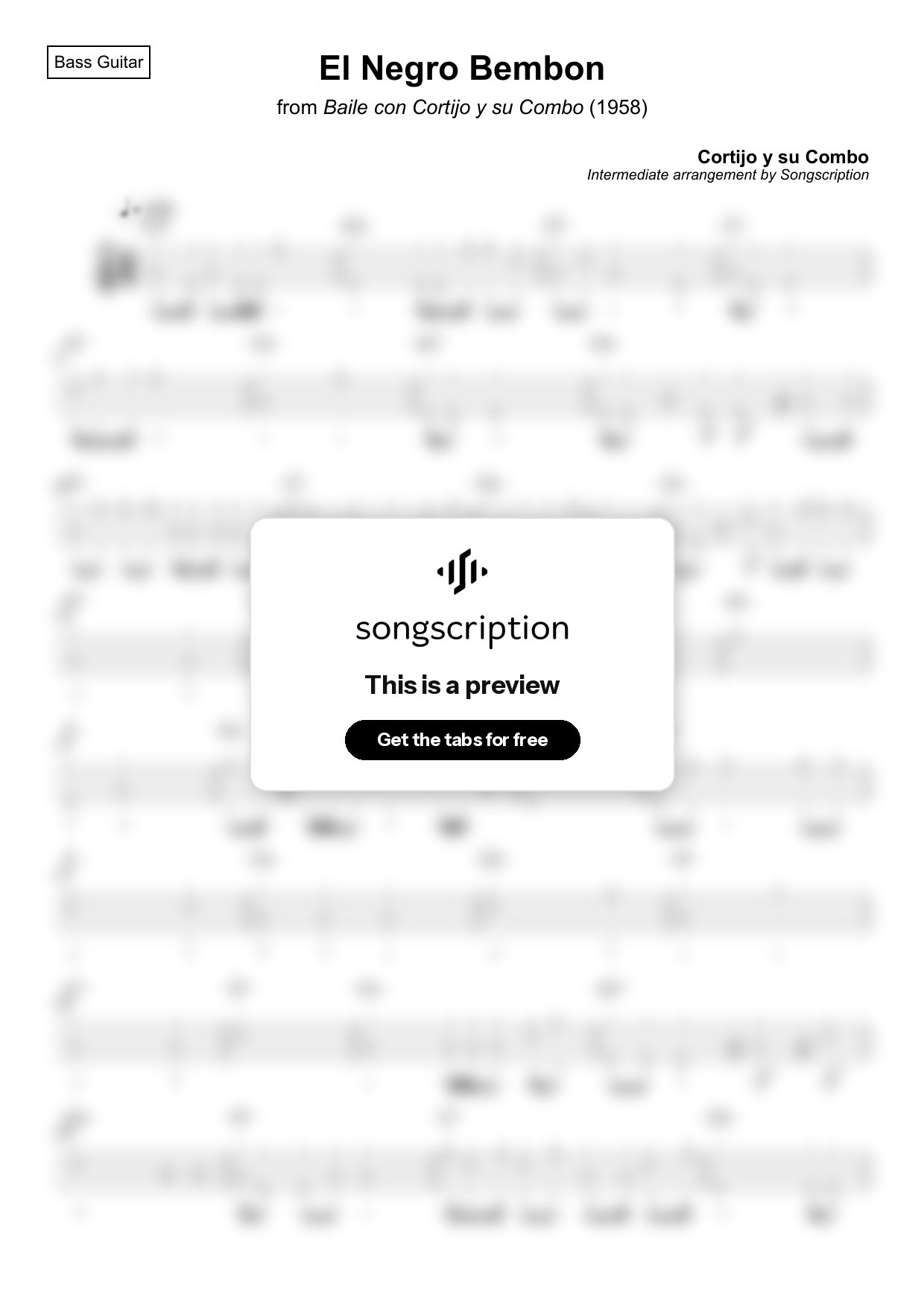 Intermediate Bass Guitar Tabs for "El Negro Bembon" by Cortijo y su Combo