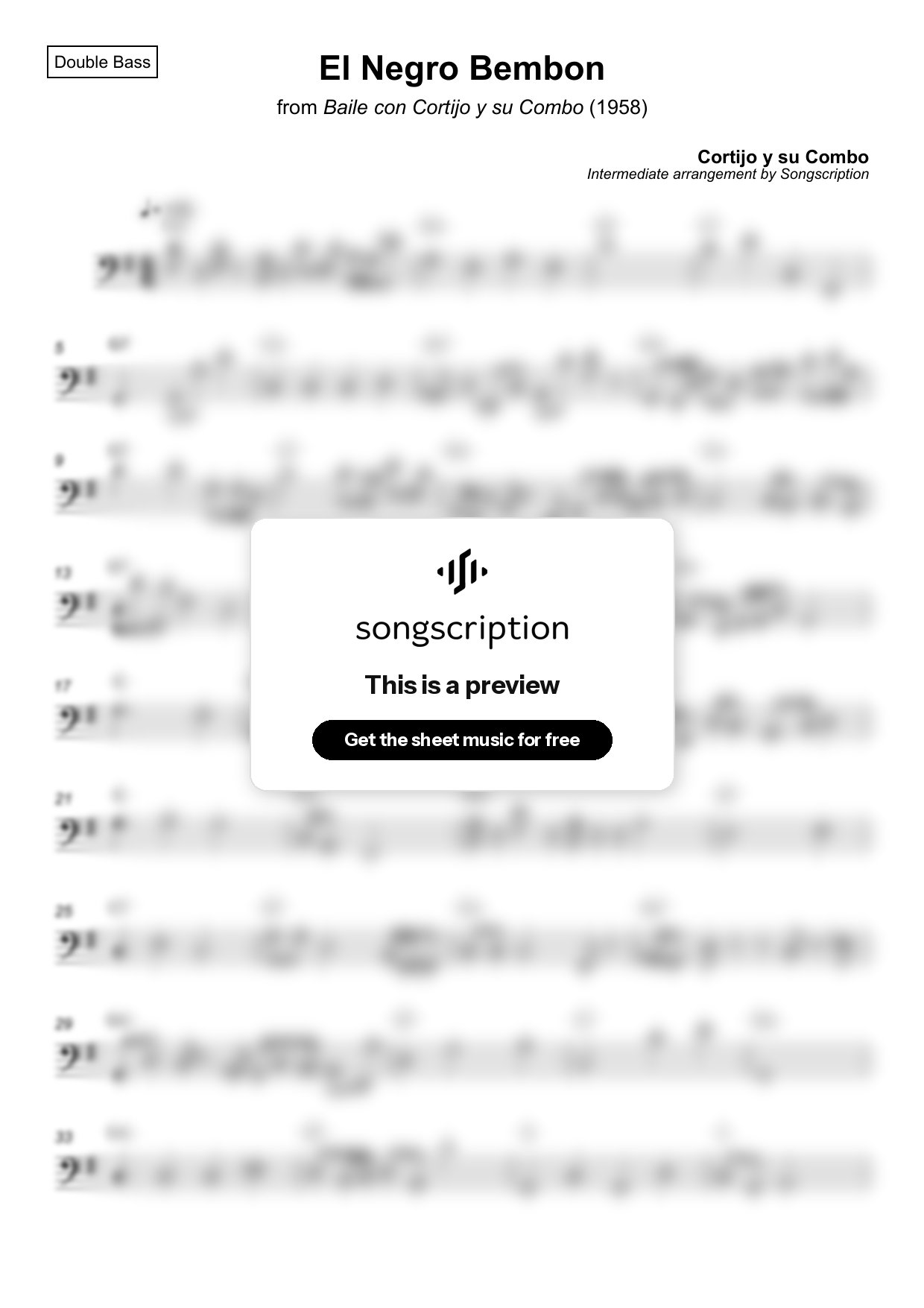 Intermediate Double Bass Sheet Music for "El Negro Bembon" by Cortijo y su Combo