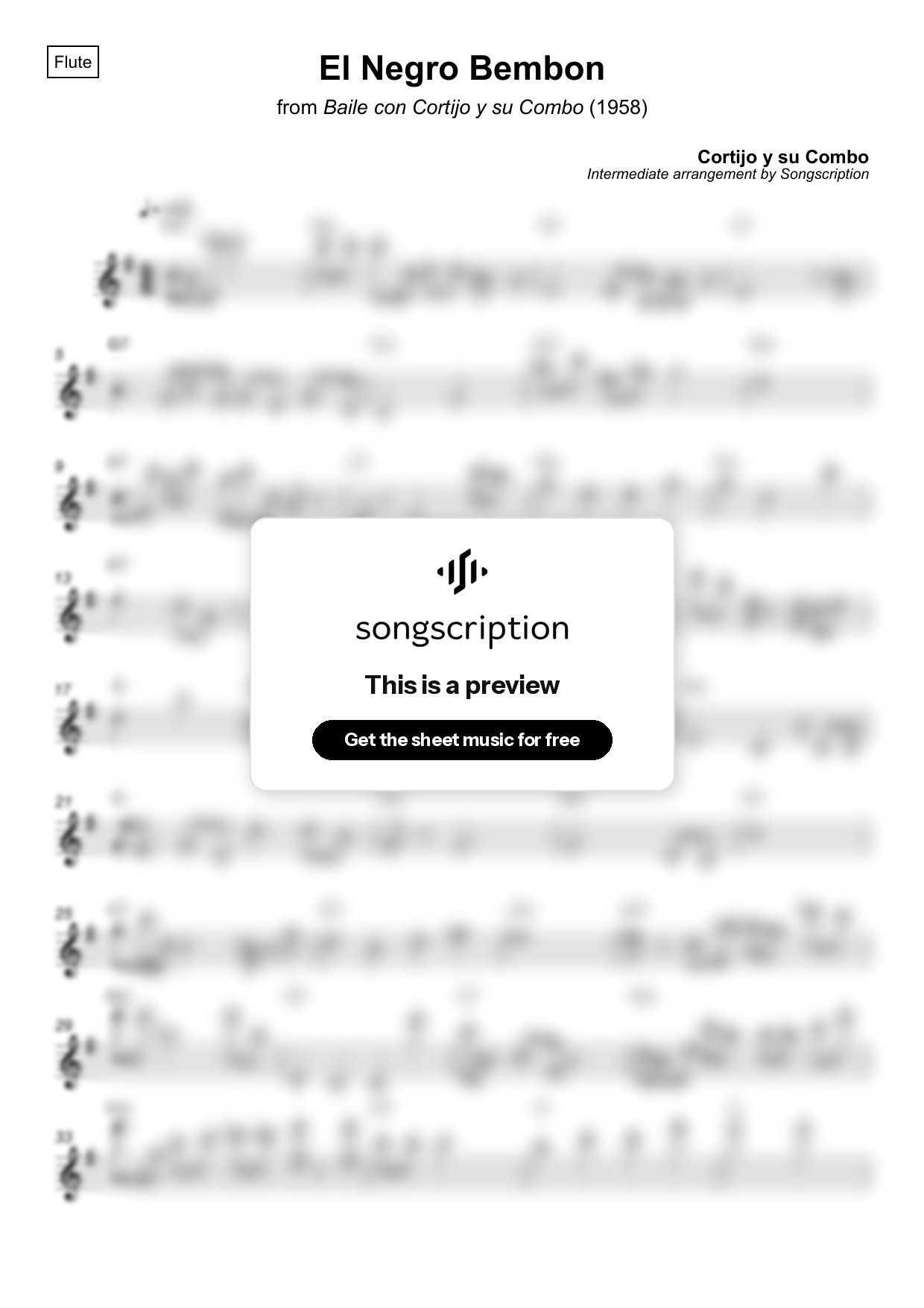 Intermediate Flute Sheet Music for "El Negro Bembon" by Cortijo y su Combo