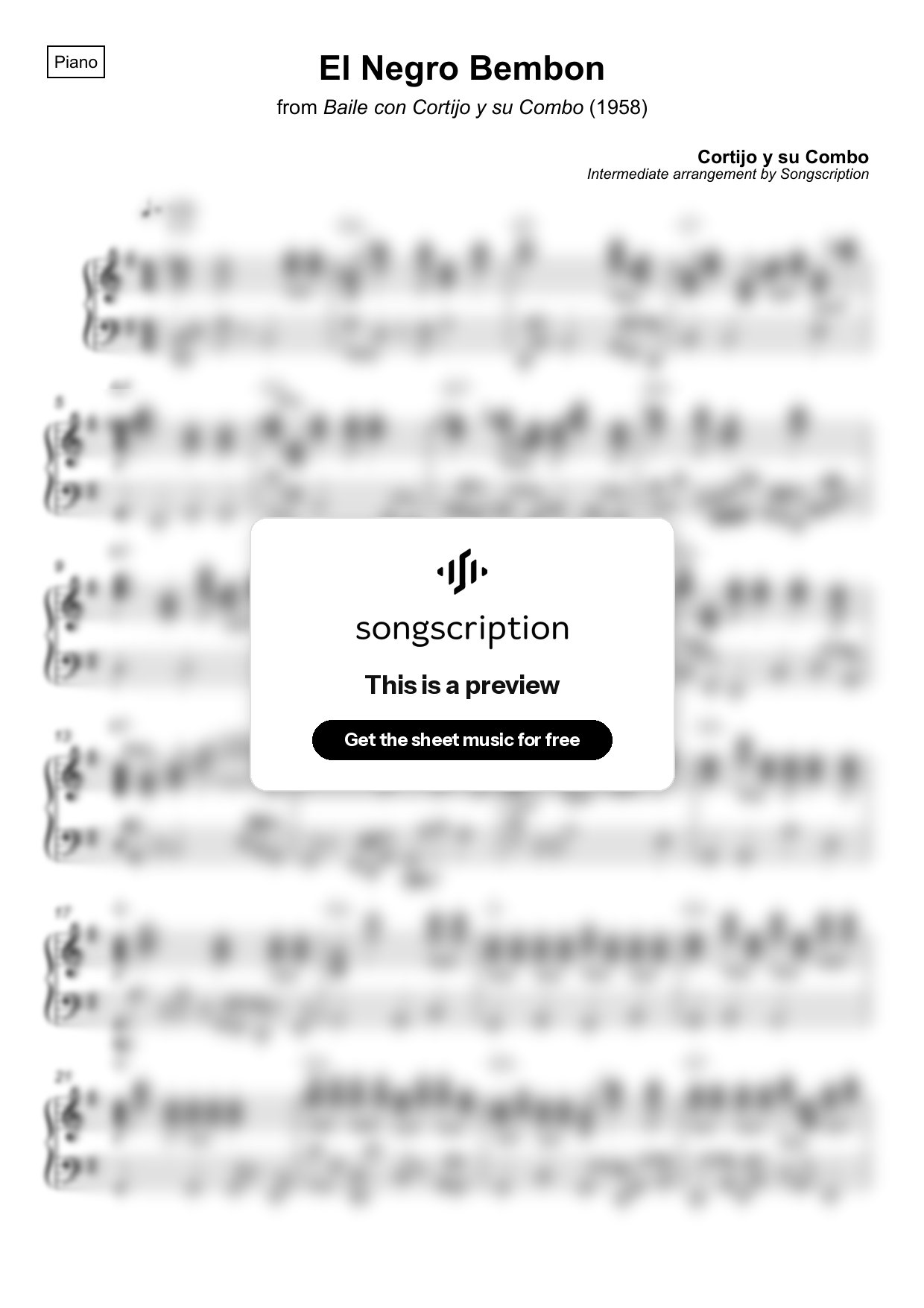 Intermediate Piano Sheet Music for "El Negro Bembon" by Cortijo y su Combo