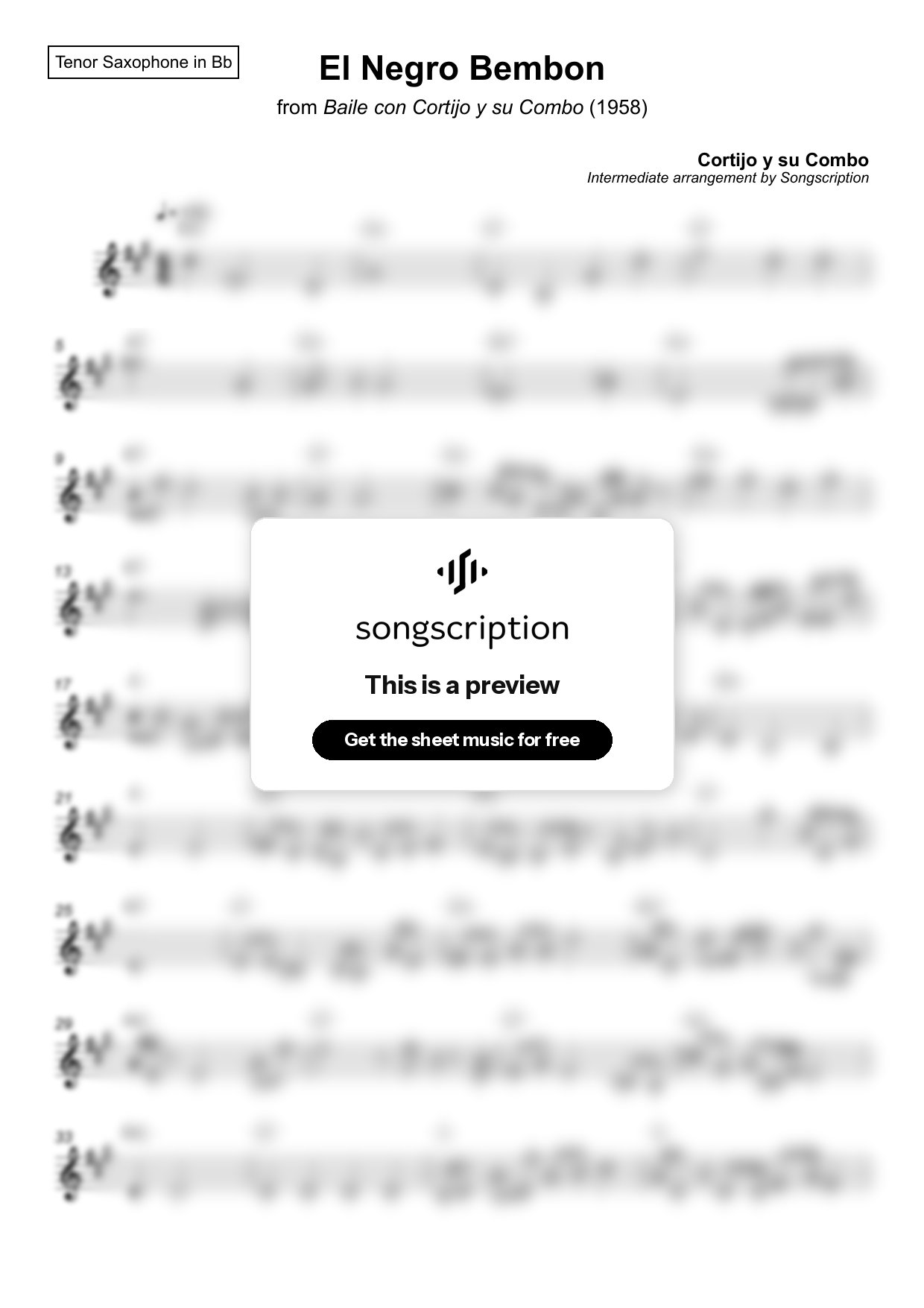 Intermediate Tenor Sax Sheet Music for "El Negro Bembon" by Cortijo y su Combo