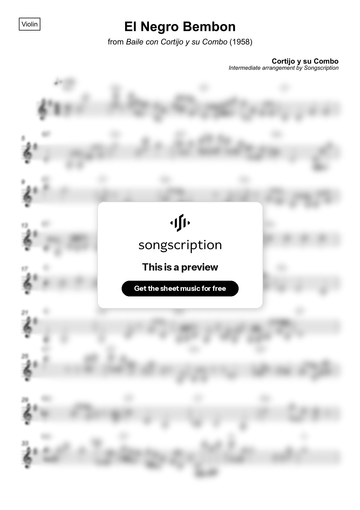 Intermediate Violin Sheet Music for "El Negro Bembon" by Cortijo y su Combo