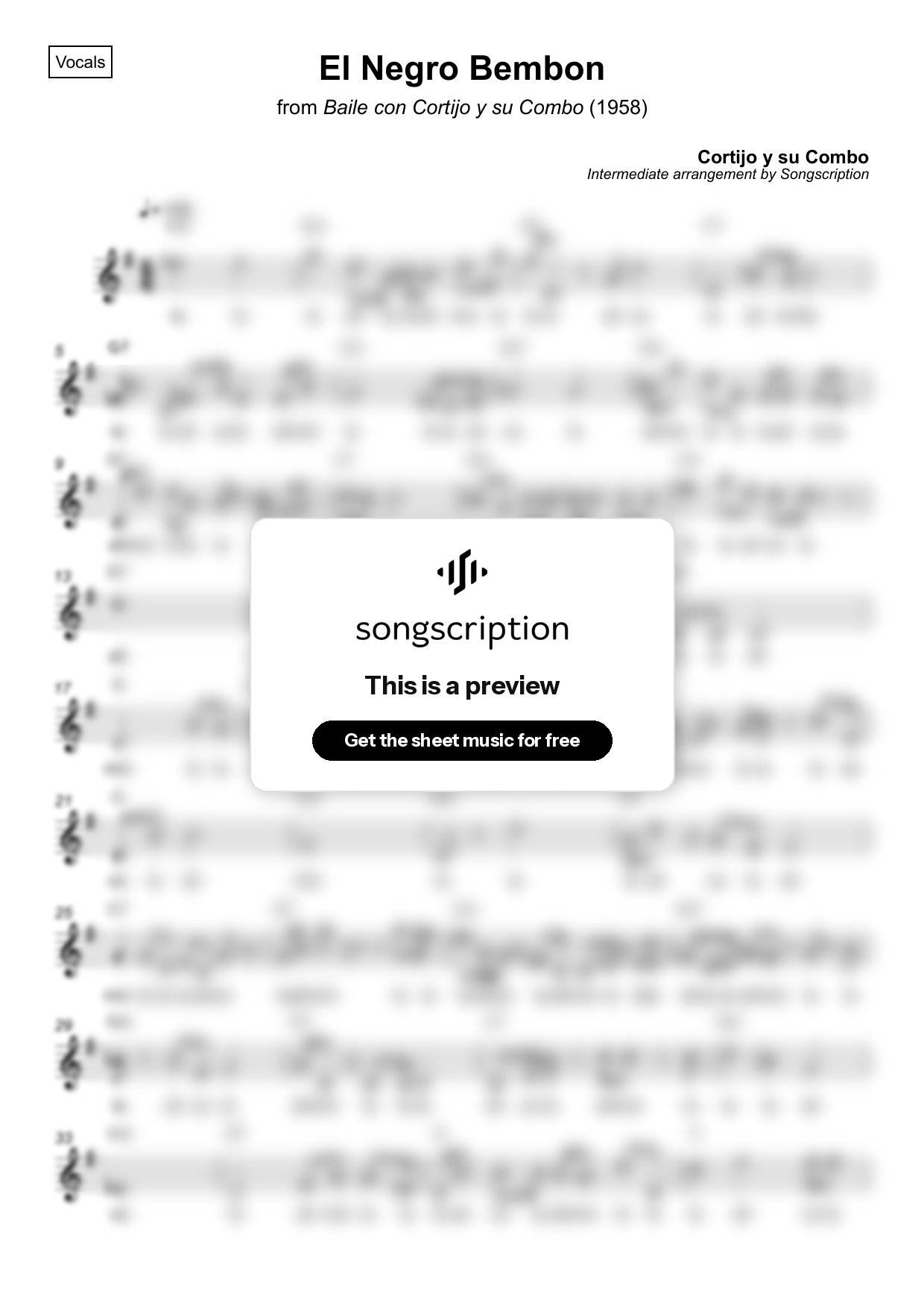 Intermediate Vocals Sheet Music for "El Negro Bembon" by Cortijo y su Combo