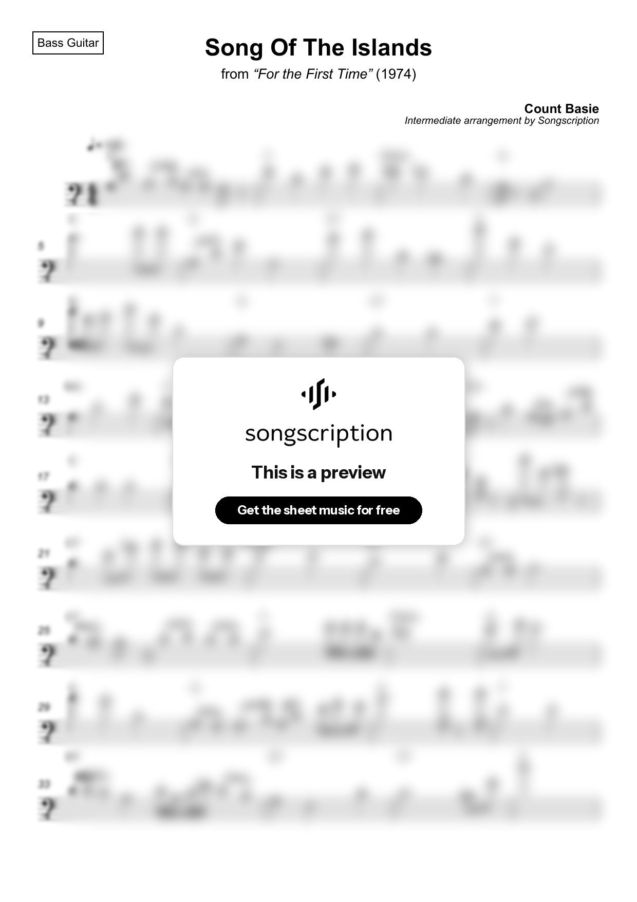 Intermediate Bass Guitar Sheet Music for "Song Of The Islands" by Count Basie