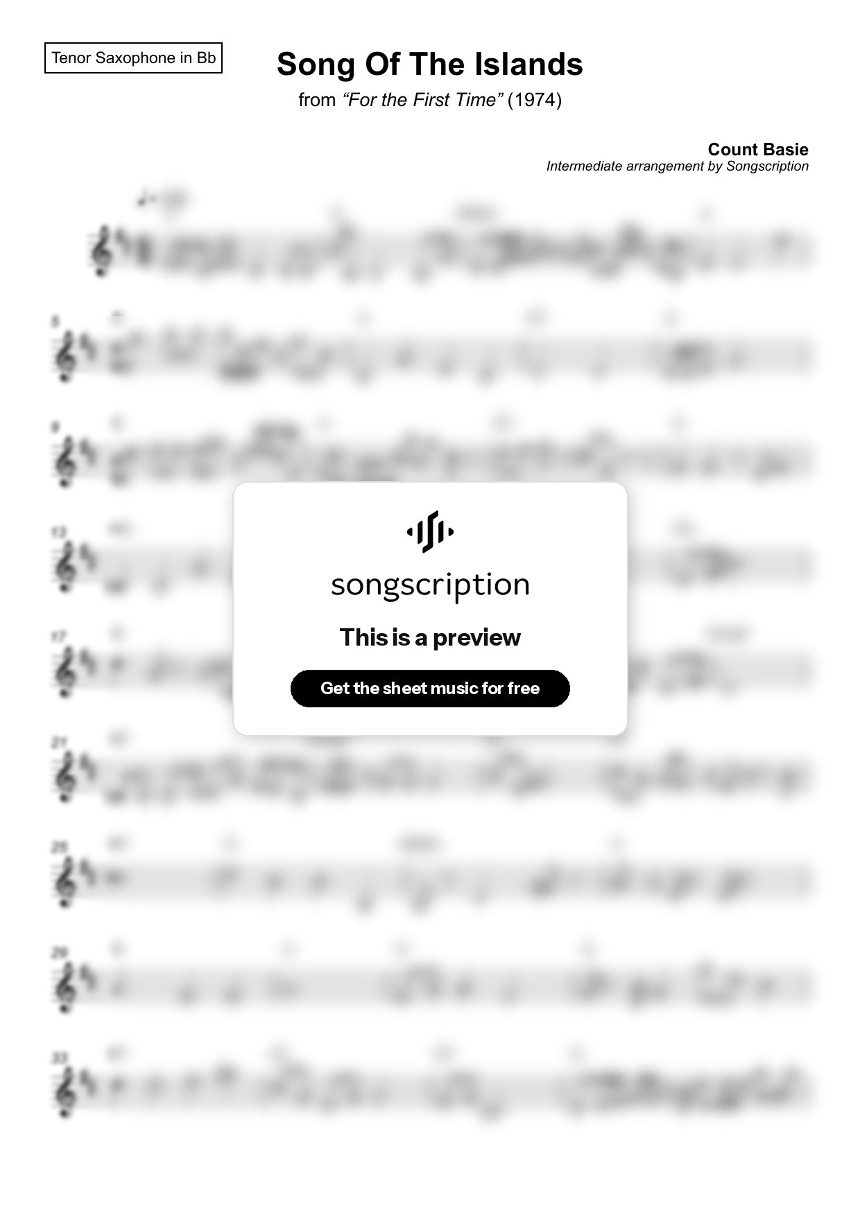 Intermediate Tenor Sax Sheet Music for "Song Of The Islands" by Count Basie