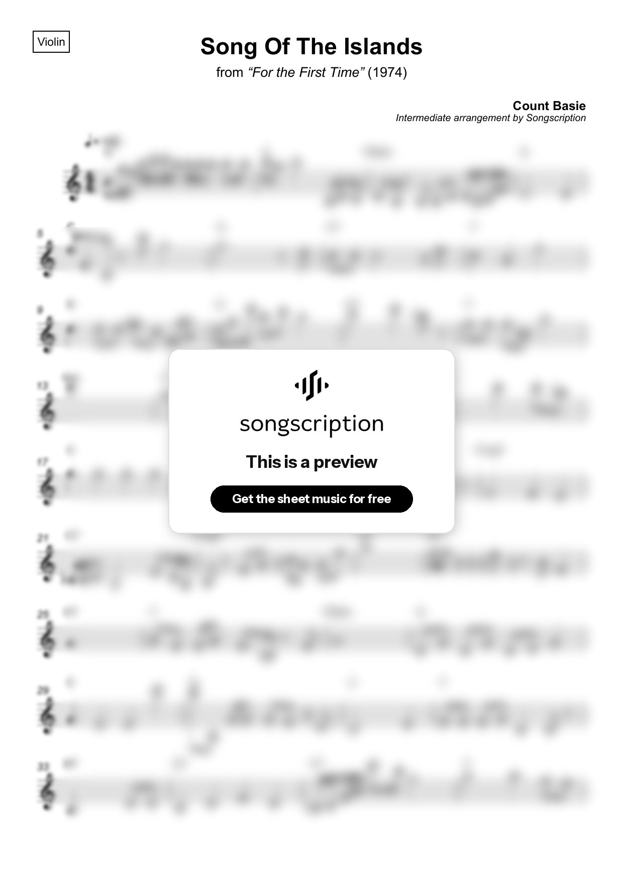 Intermediate Violin Sheet Music for "Song Of The Islands" by Count Basie