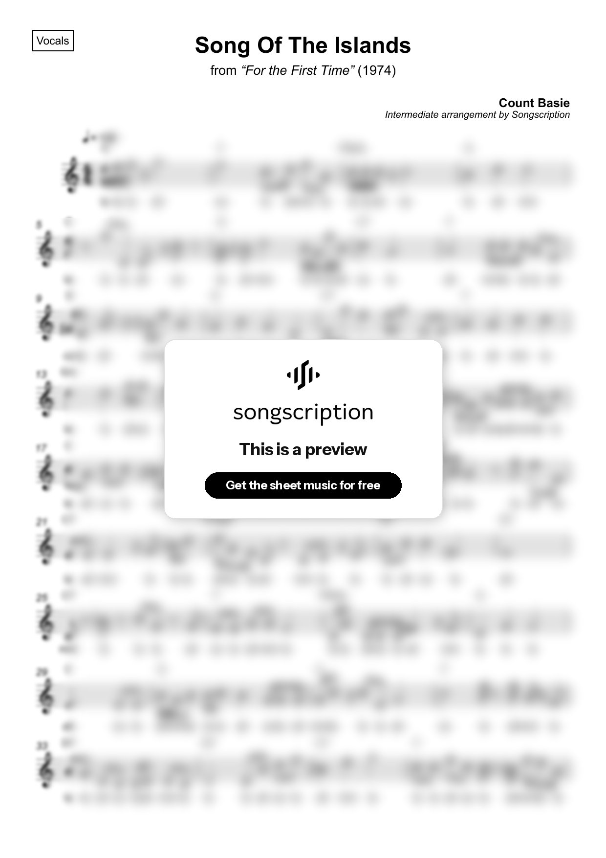 Intermediate Vocals Sheet Music for "Song Of The Islands" by Count Basie