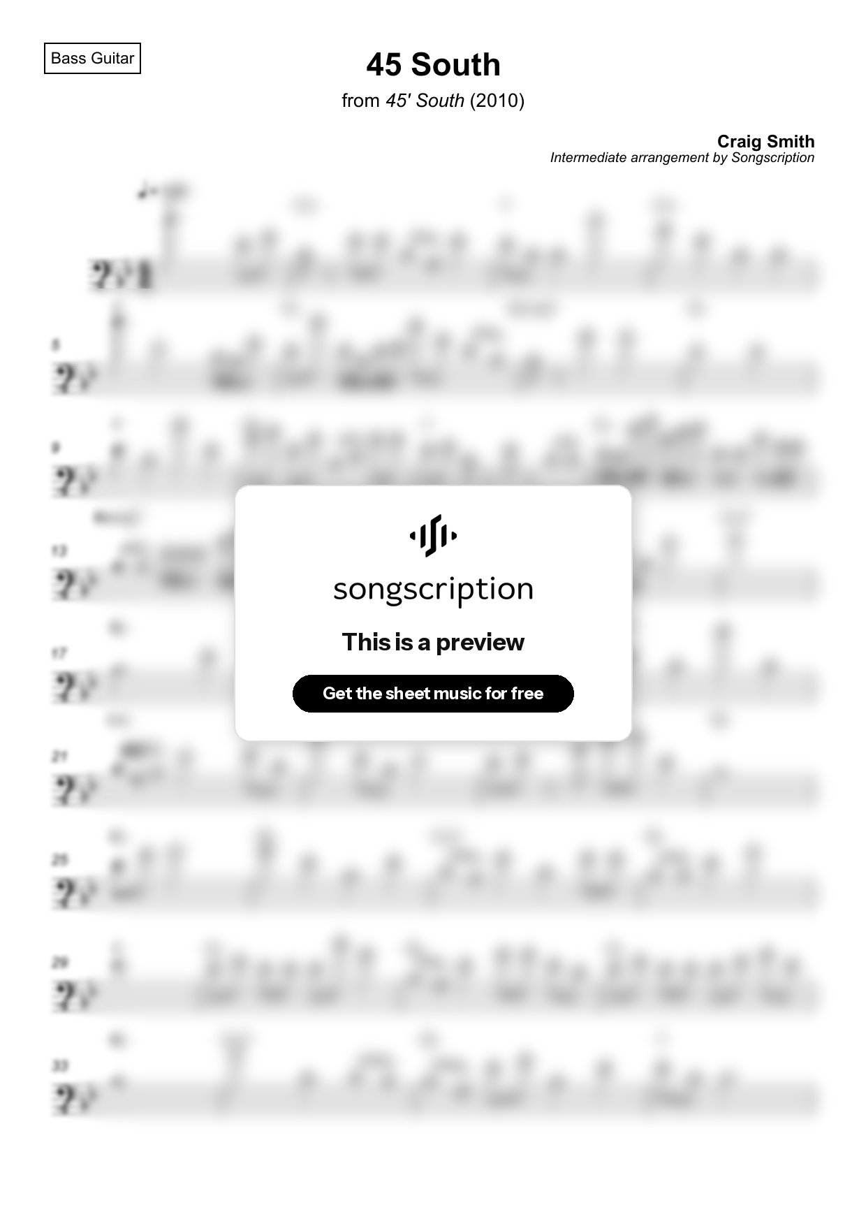 Intermediate Bass Guitar Sheet Music for "45 South" by Craig Smith