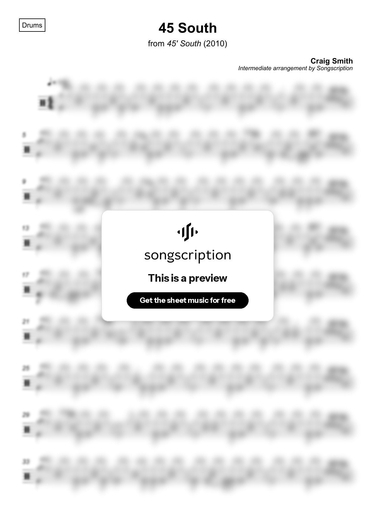Intermediate Drums Sheet Music for "45 South" by Craig Smith