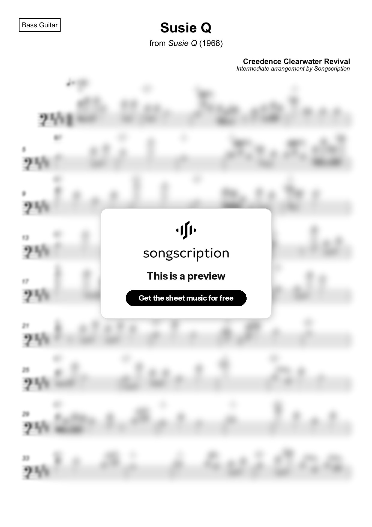 Intermediate Bass Guitar Sheet Music for "Susie Q" by Creedence Clearwater Revival