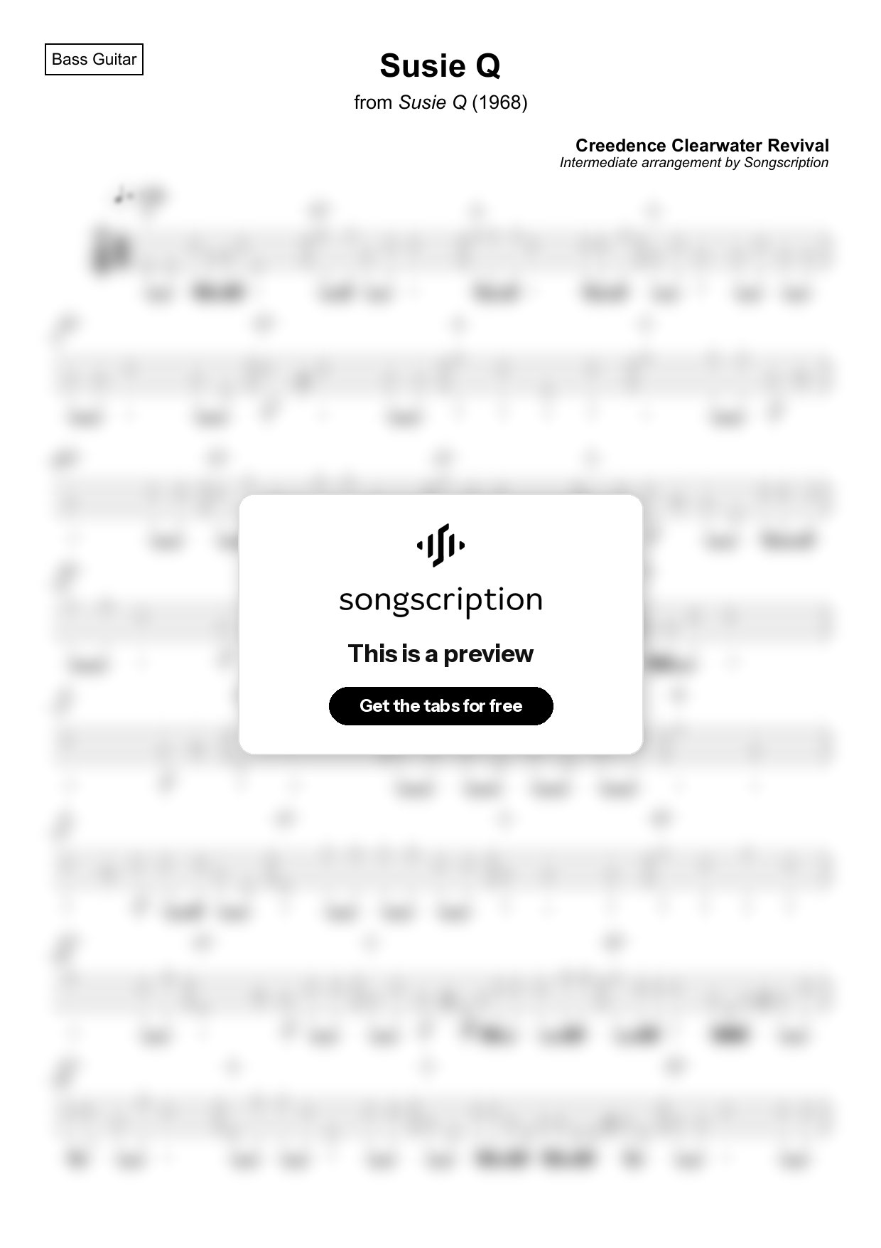Intermediate Bass Guitar Tabs for "Susie Q" by Creedence Clearwater Revival