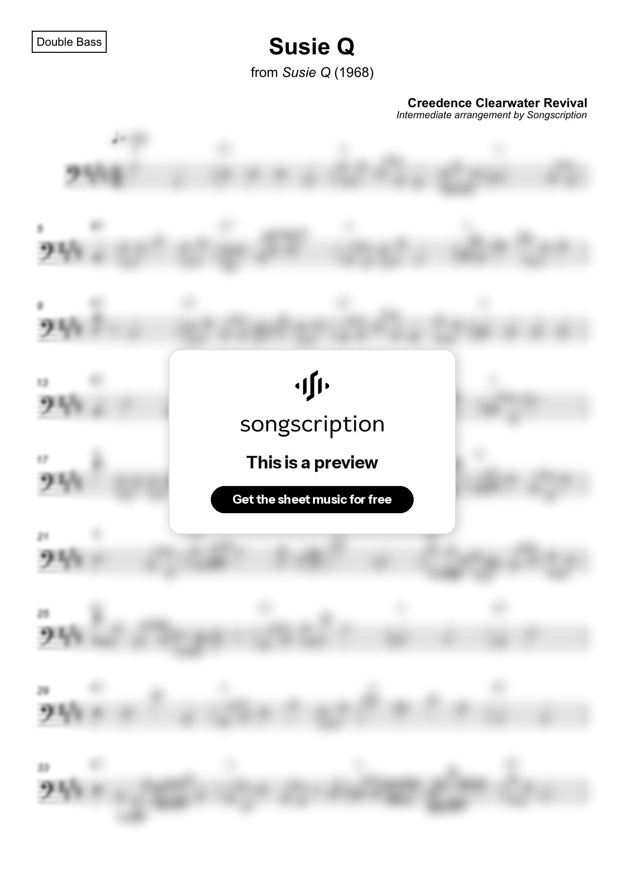 Intermediate Double Bass Sheet Music for "Susie Q" by Creedence Clearwater Revival