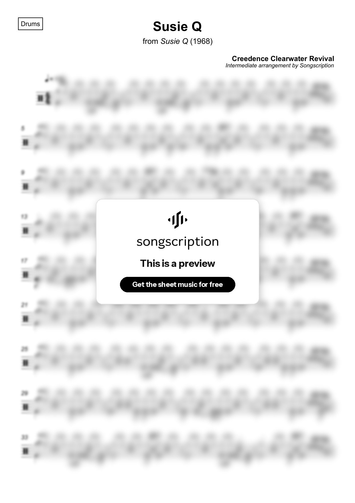 Intermediate Drums Sheet Music for "Susie Q" by Creedence Clearwater Revival