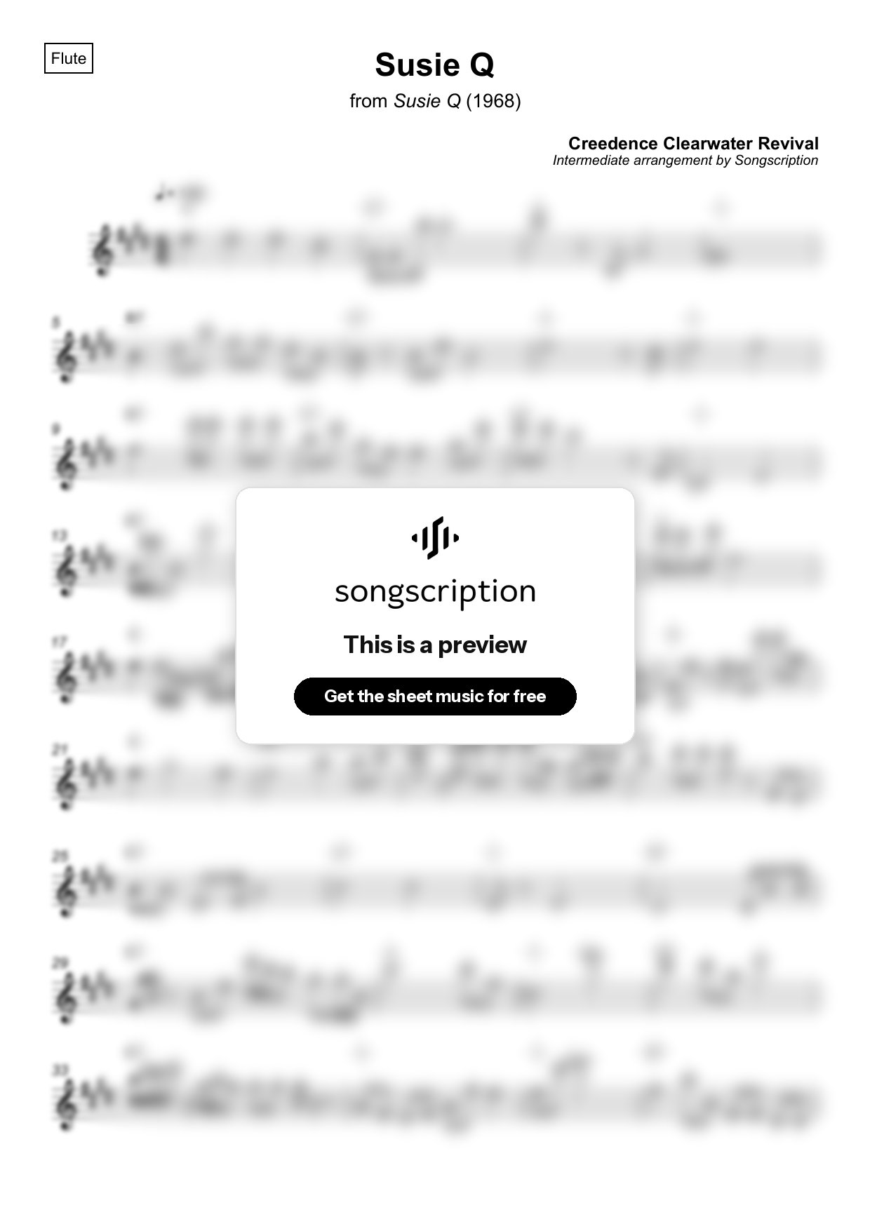 Intermediate Flute Sheet Music for "Susie Q" by Creedence Clearwater Revival