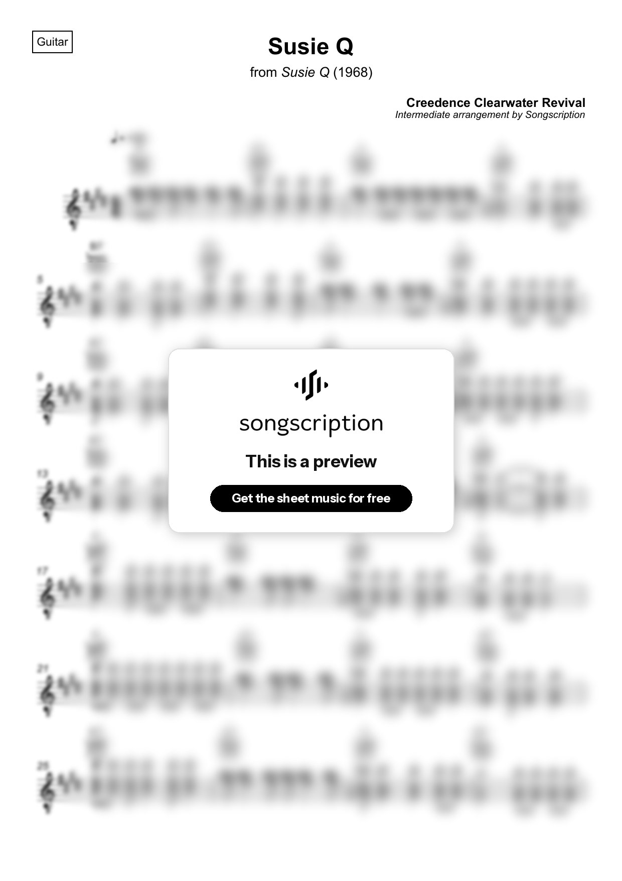 Intermediate Acoustic Guitar Sheet Music for "Susie Q" by Creedence Clearwater Revival