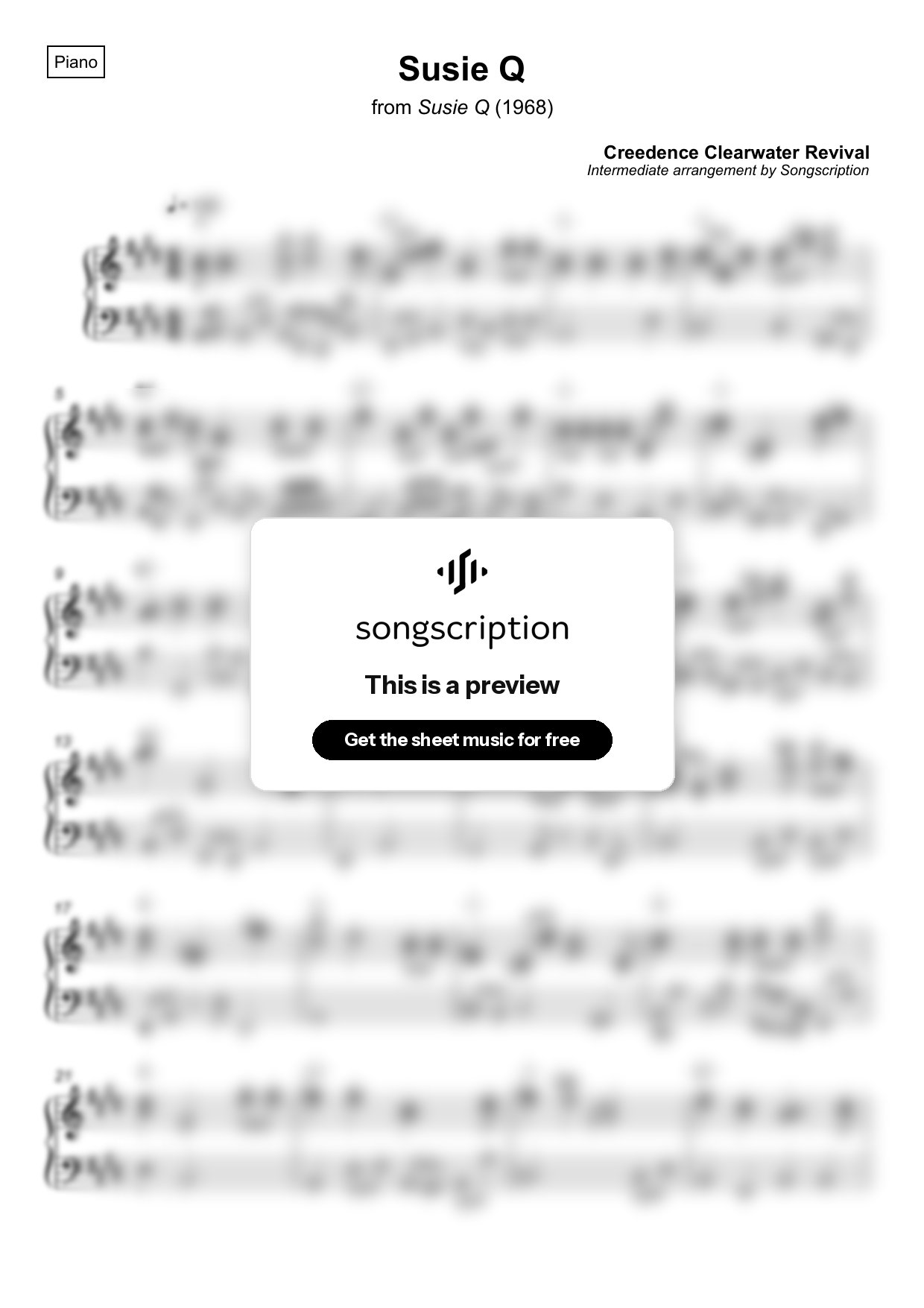 Intermediate Piano Sheet Music for "Susie Q" by Creedence Clearwater Revival