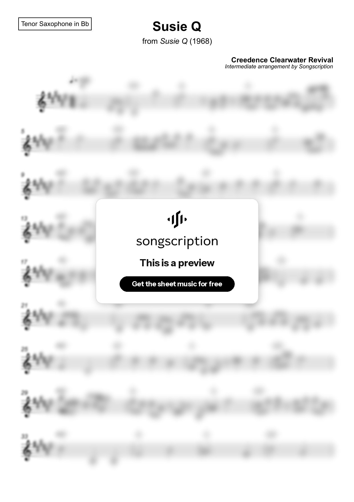 Intermediate Tenor Sax Sheet Music for "Susie Q" by Creedence Clearwater Revival