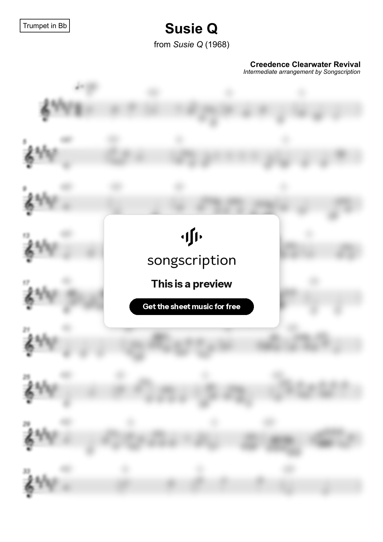 Intermediate Trumpet Sheet Music for "Susie Q" by Creedence Clearwater Revival