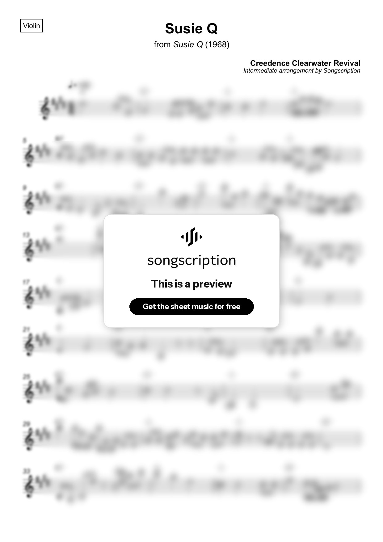 Intermediate Violin Sheet Music for "Susie Q" by Creedence Clearwater Revival