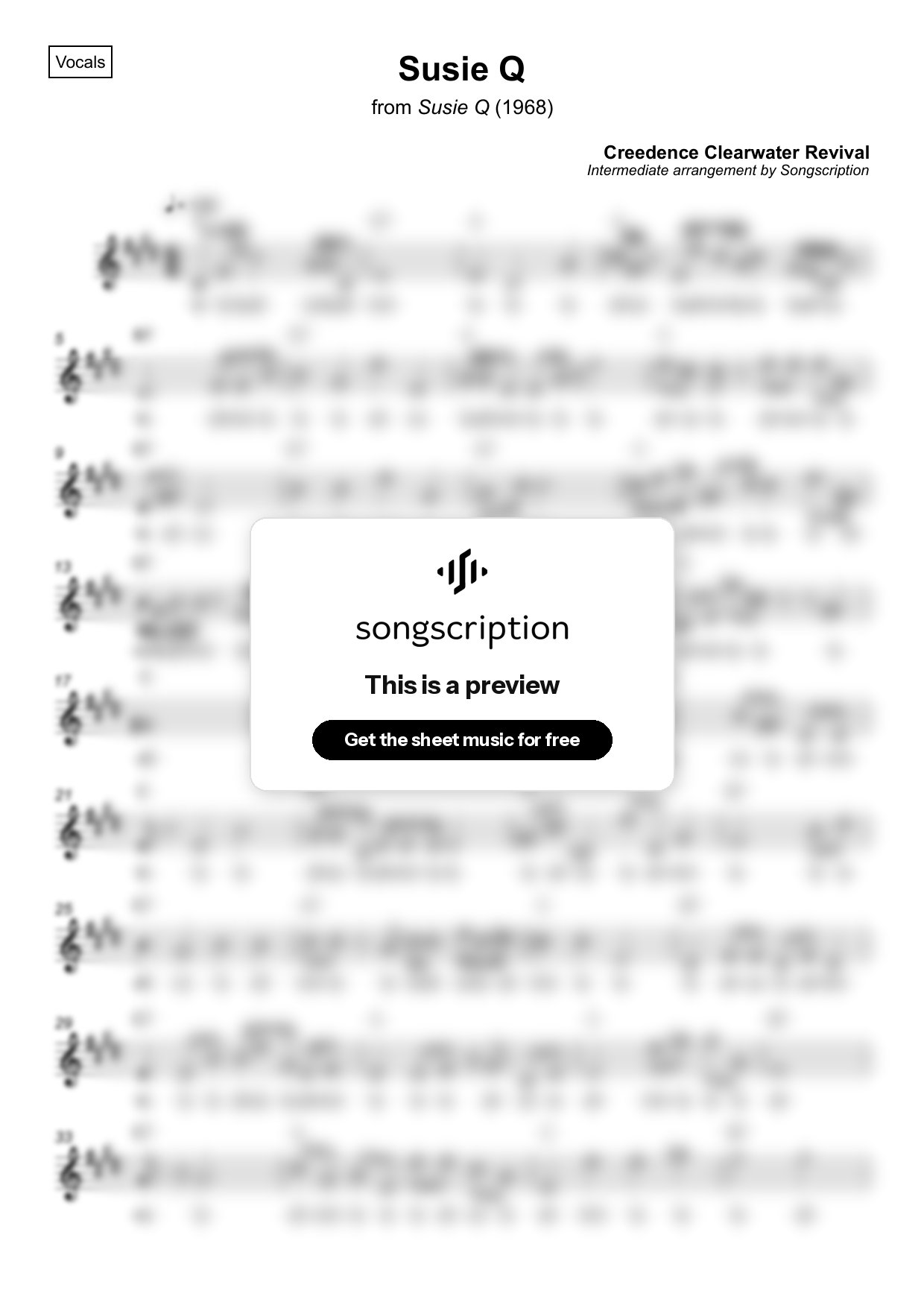 Intermediate Vocals Sheet Music for "Susie Q" by Creedence Clearwater Revival