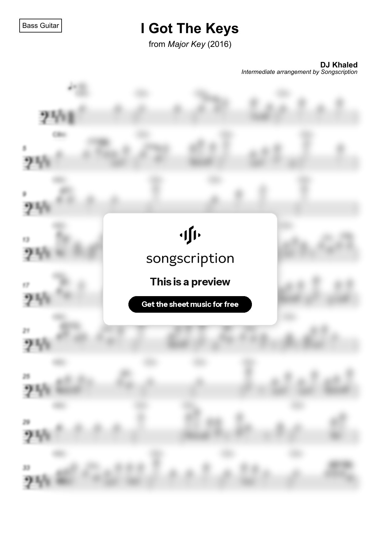 Intermediate Bass Guitar Sheet Music for "I Got The Keys" by DJ Khaled