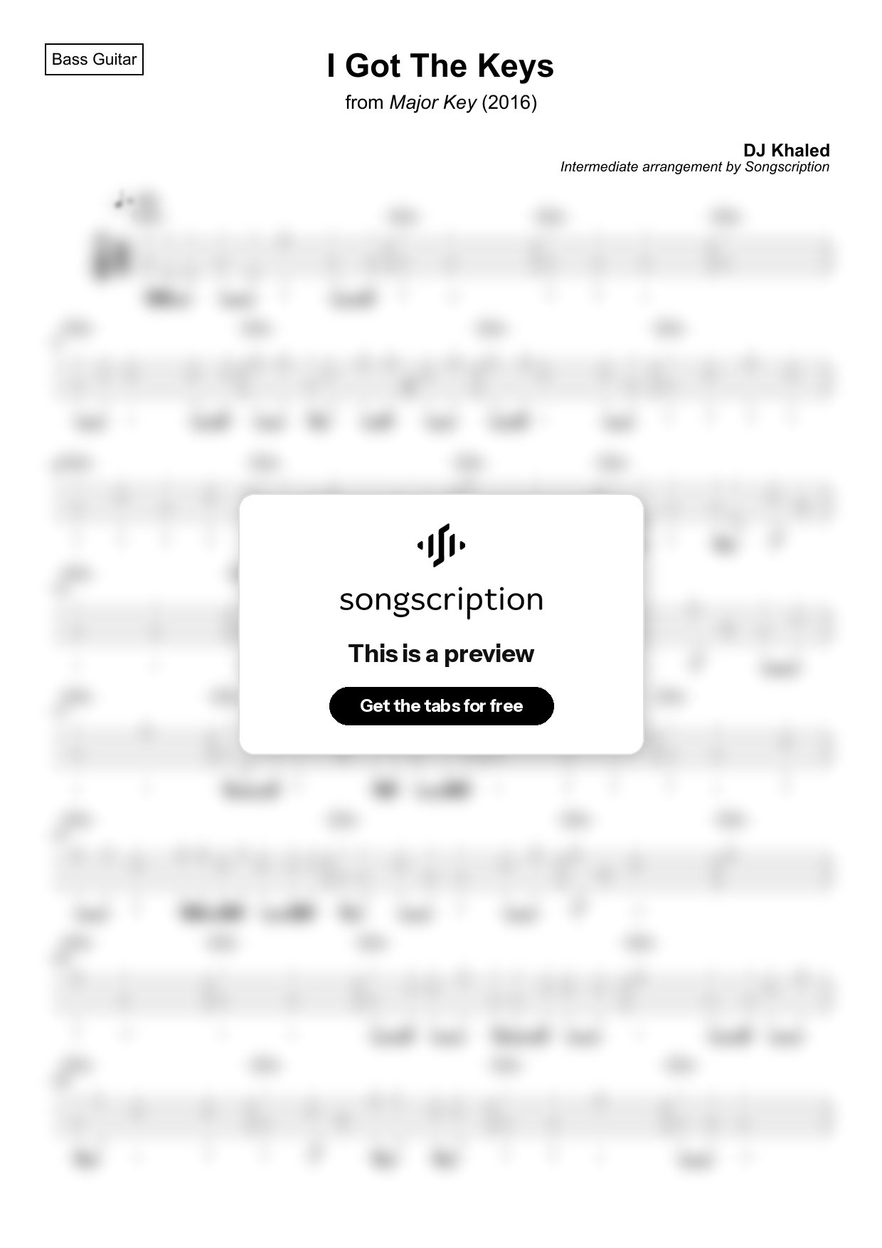 Intermediate Bass Guitar Tabs for "I Got The Keys" by DJ Khaled