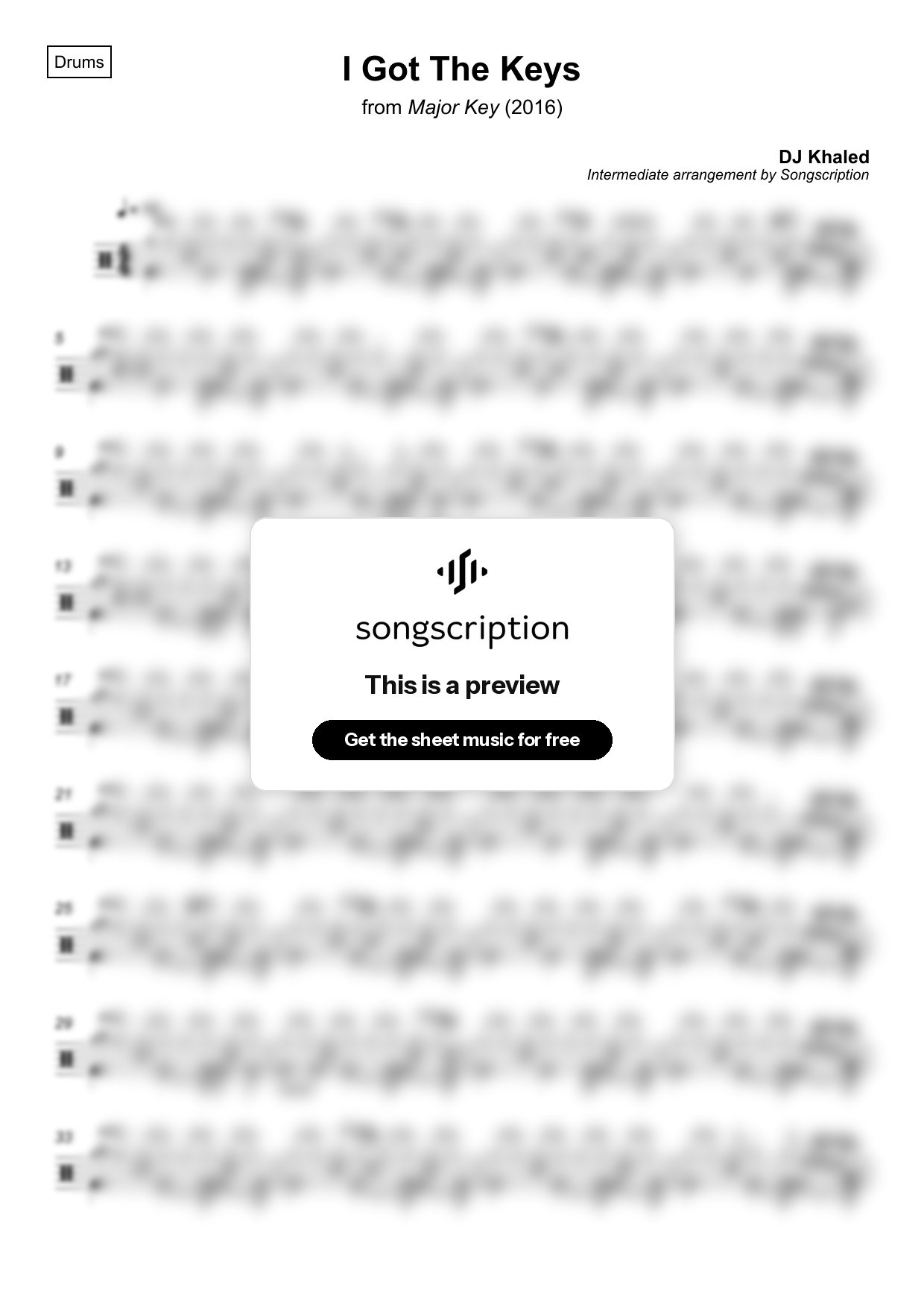 Intermediate Drums Sheet Music for "I Got The Keys" by DJ Khaled