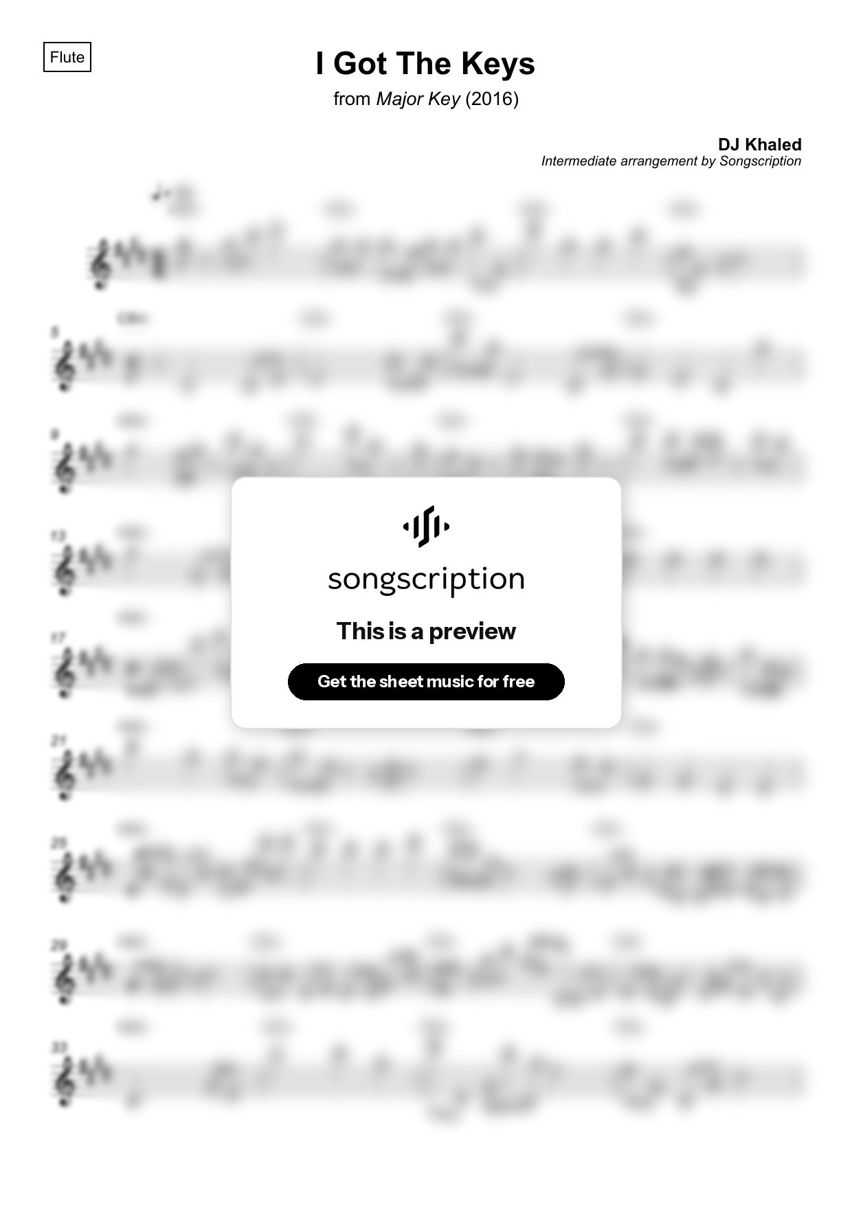 Intermediate Flute Sheet Music for "I Got The Keys" by DJ Khaled