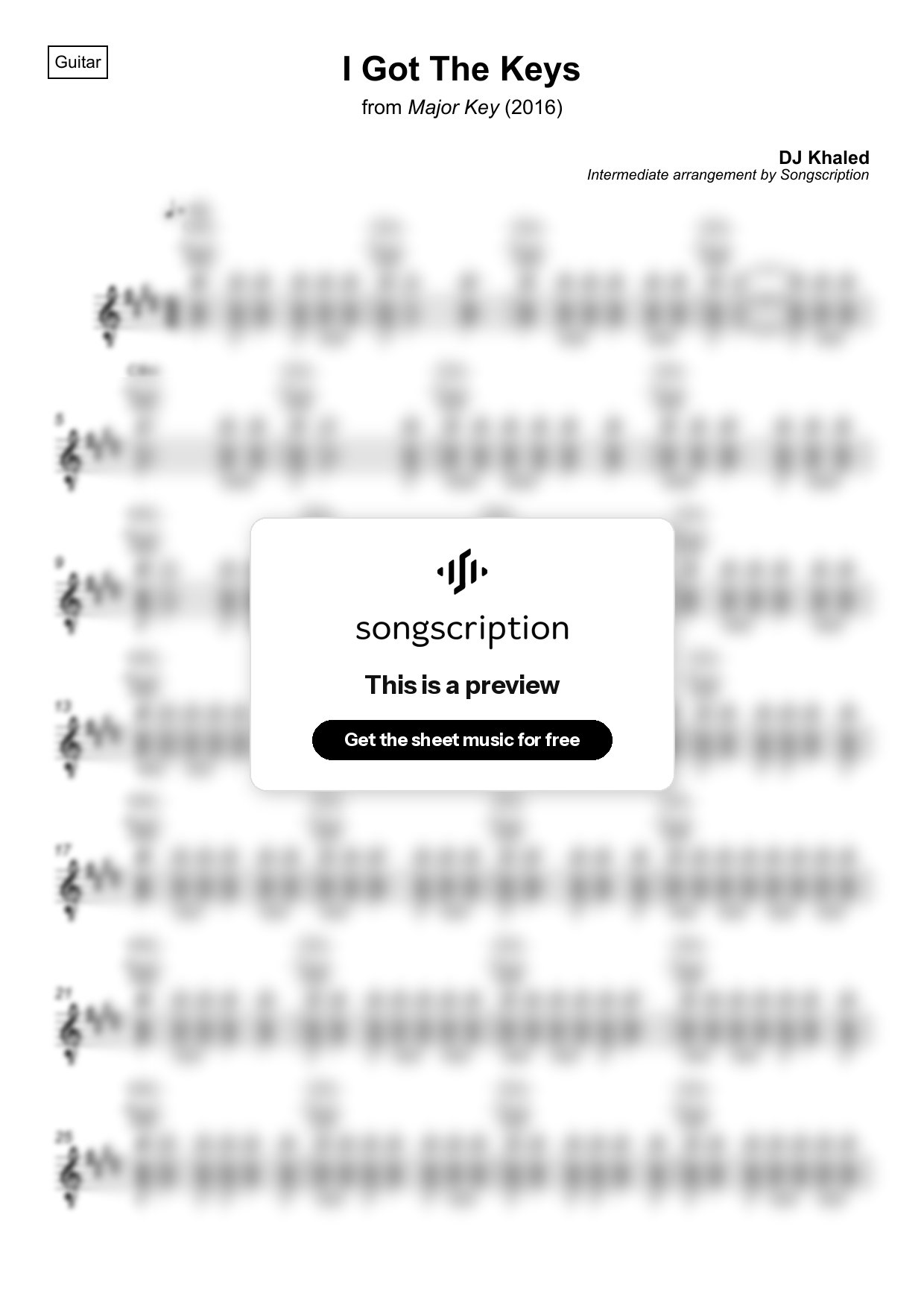 Intermediate Acoustic Guitar Sheet Music for "I Got The Keys" by DJ Khaled