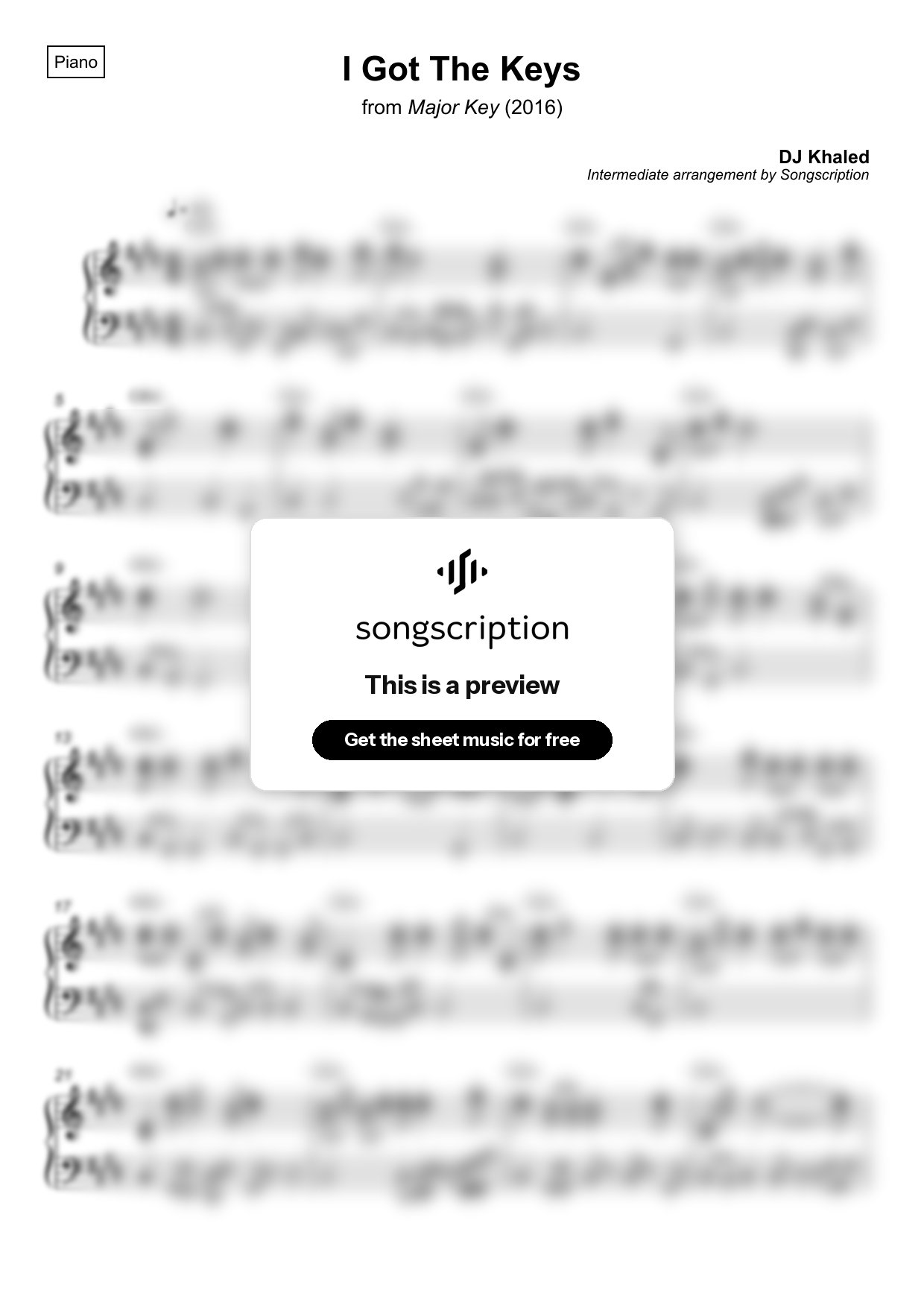 Intermediate Piano Sheet Music for "I Got The Keys" by DJ Khaled