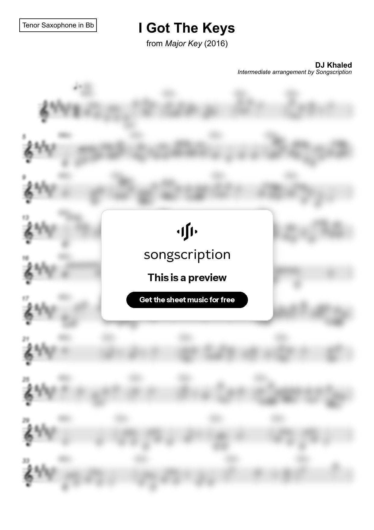 Intermediate Tenor Sax Sheet Music for "I Got The Keys" by DJ Khaled
