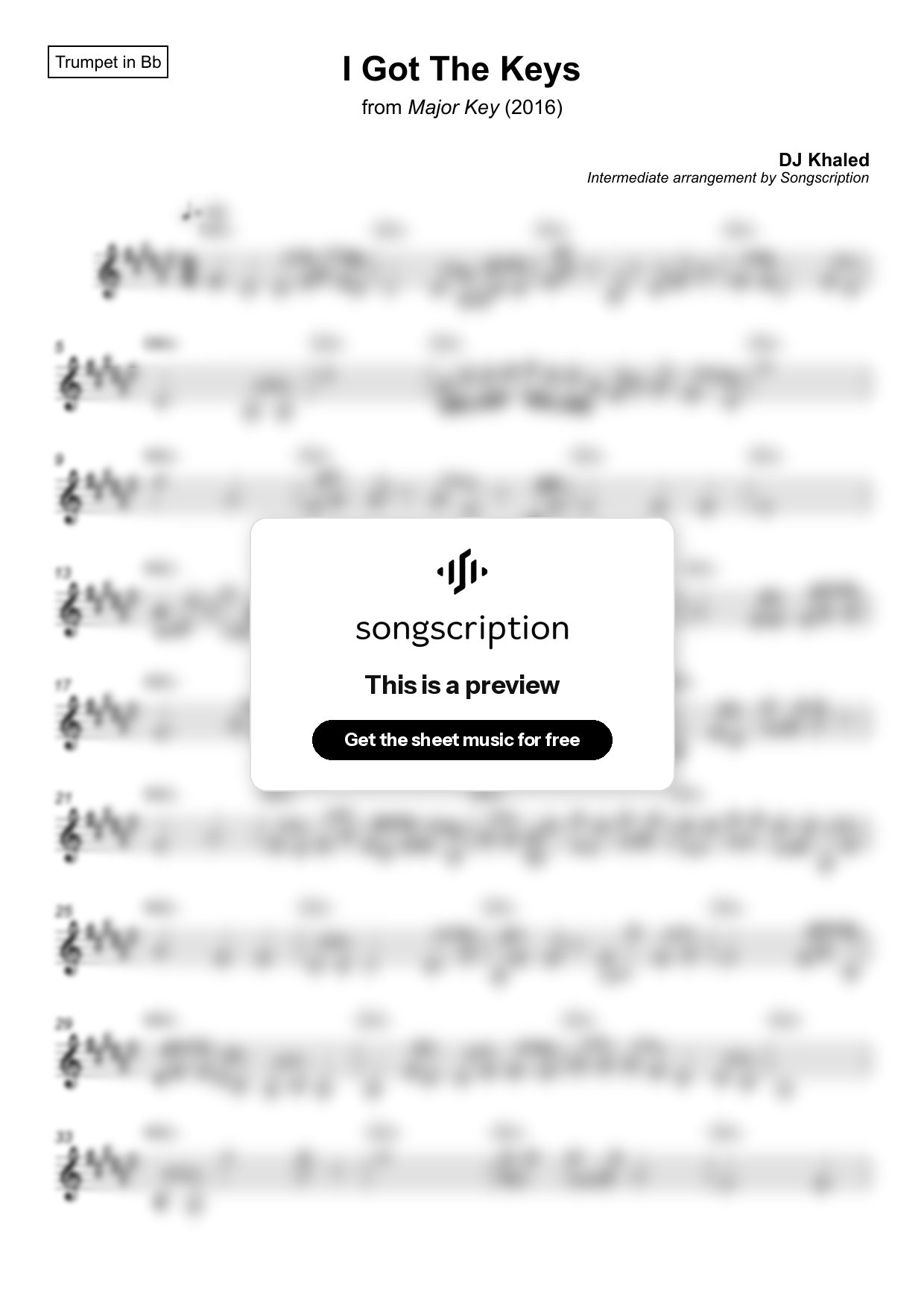 Intermediate Trumpet Sheet Music for "I Got The Keys" by DJ Khaled