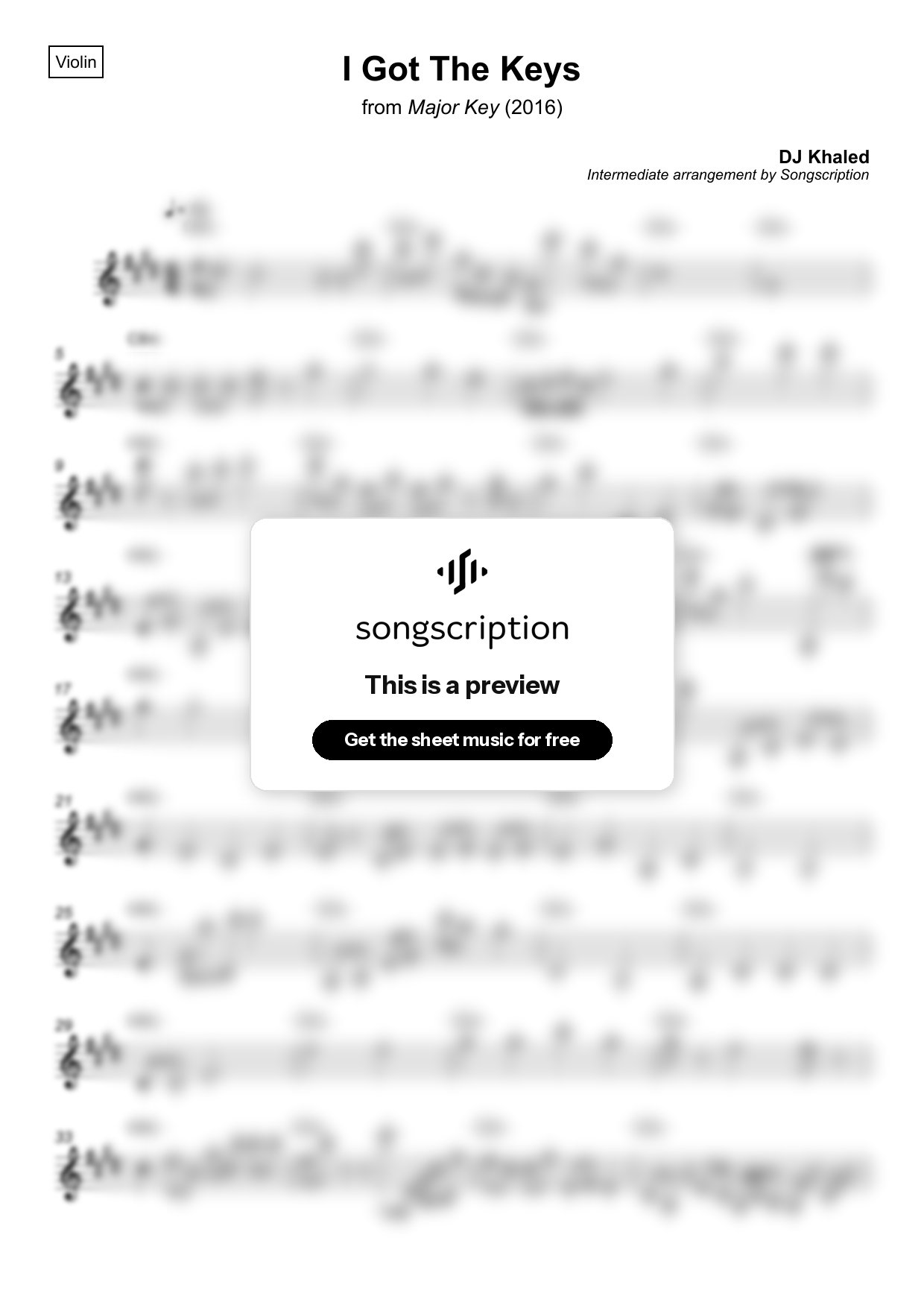 Intermediate Violin Sheet Music for "I Got The Keys" by DJ Khaled